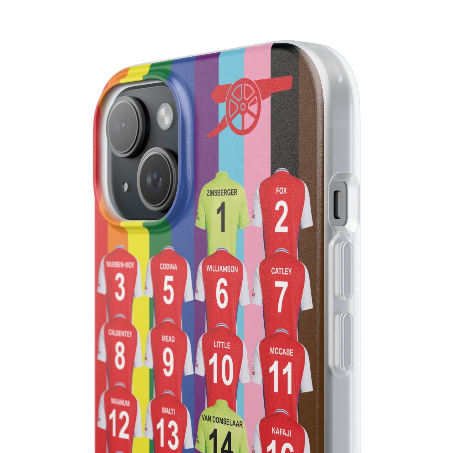 Arsenal Women Home Kit iPhone Flexi Case - iPhone 16, 15, 14, 13, 12, Mini/Plus/Pro/Pro Max - Rainbow