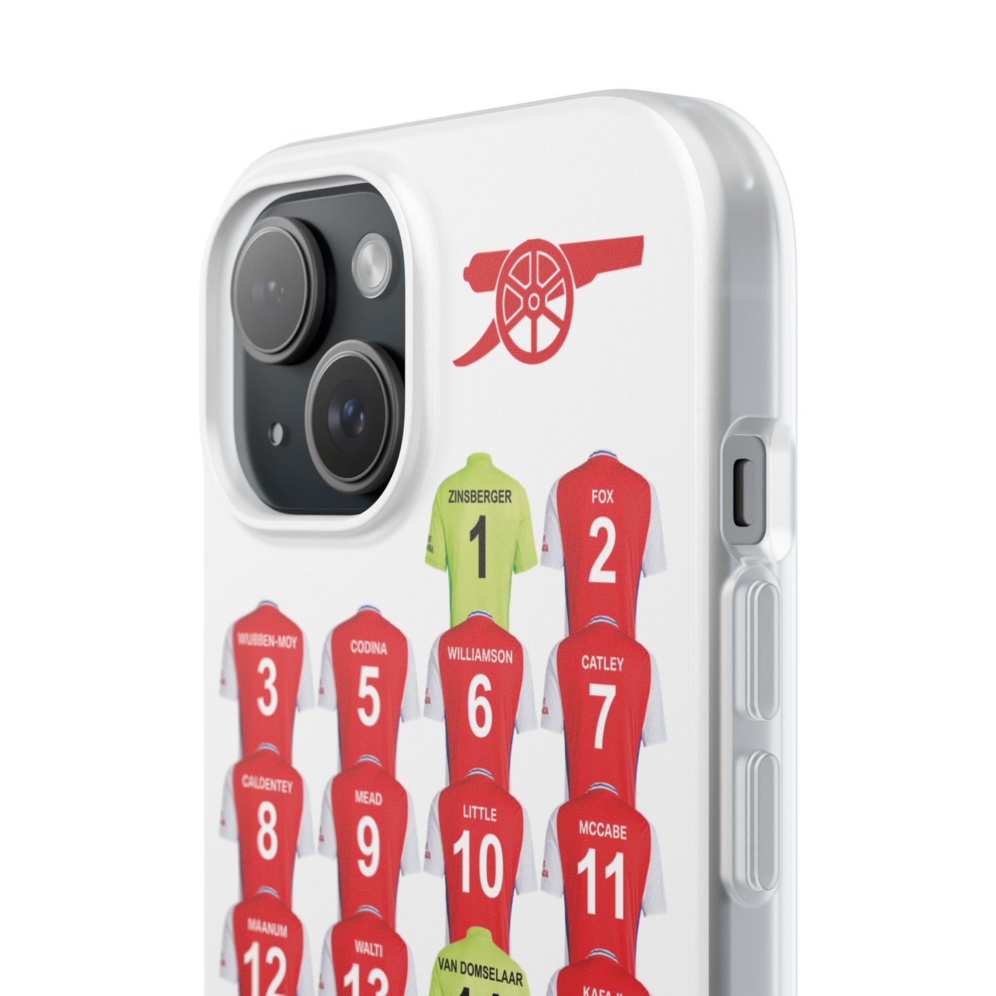 Arsenal Women Home Kit iPhone Flexi Case - iPhone 16, 15, 14, 13, 12, Mini/Plus/Pro/Pro Max - White