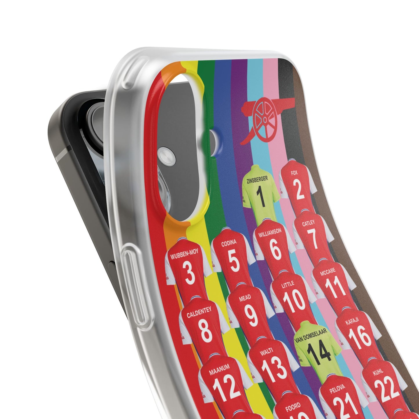 Arsenal Women Home Kit iPhone Flexi Case - iPhone 16, 15, 14, 13, 12, Mini/Plus/Pro/Pro Max - Rainbow