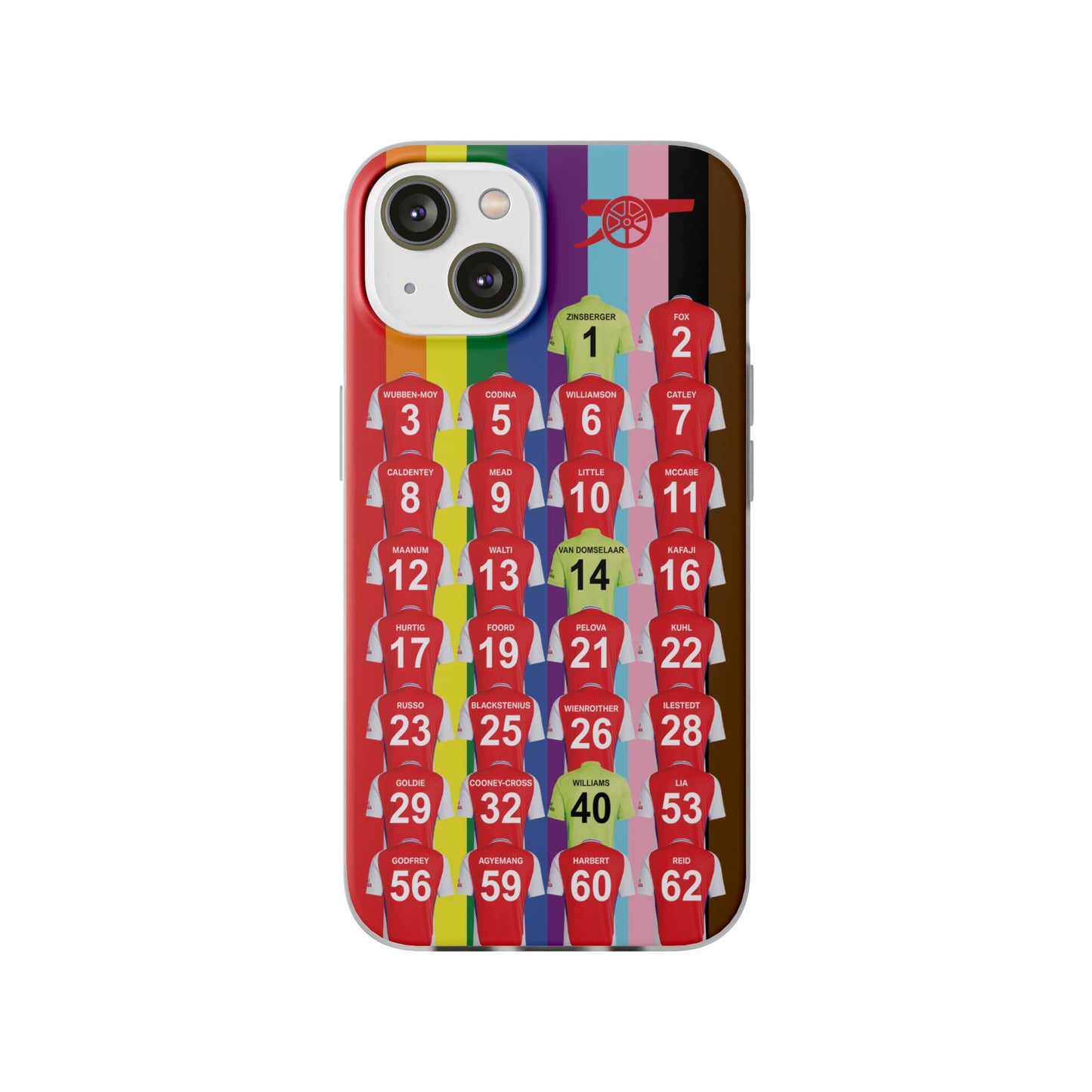 Arsenal Women Home Kit iPhone Flexi Case - iPhone 16, 15, 14, 13, 12, Mini/Plus/Pro/Pro Max - Rainbow