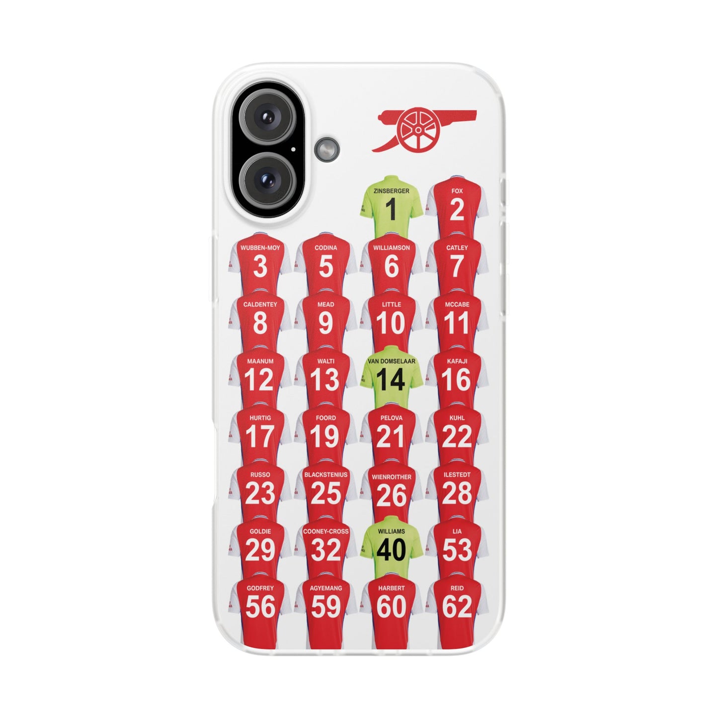 Arsenal Women Home Kit iPhone Flexi Case - iPhone 16, 15, 14, 13, 12, Mini/Plus/Pro/Pro Max - White