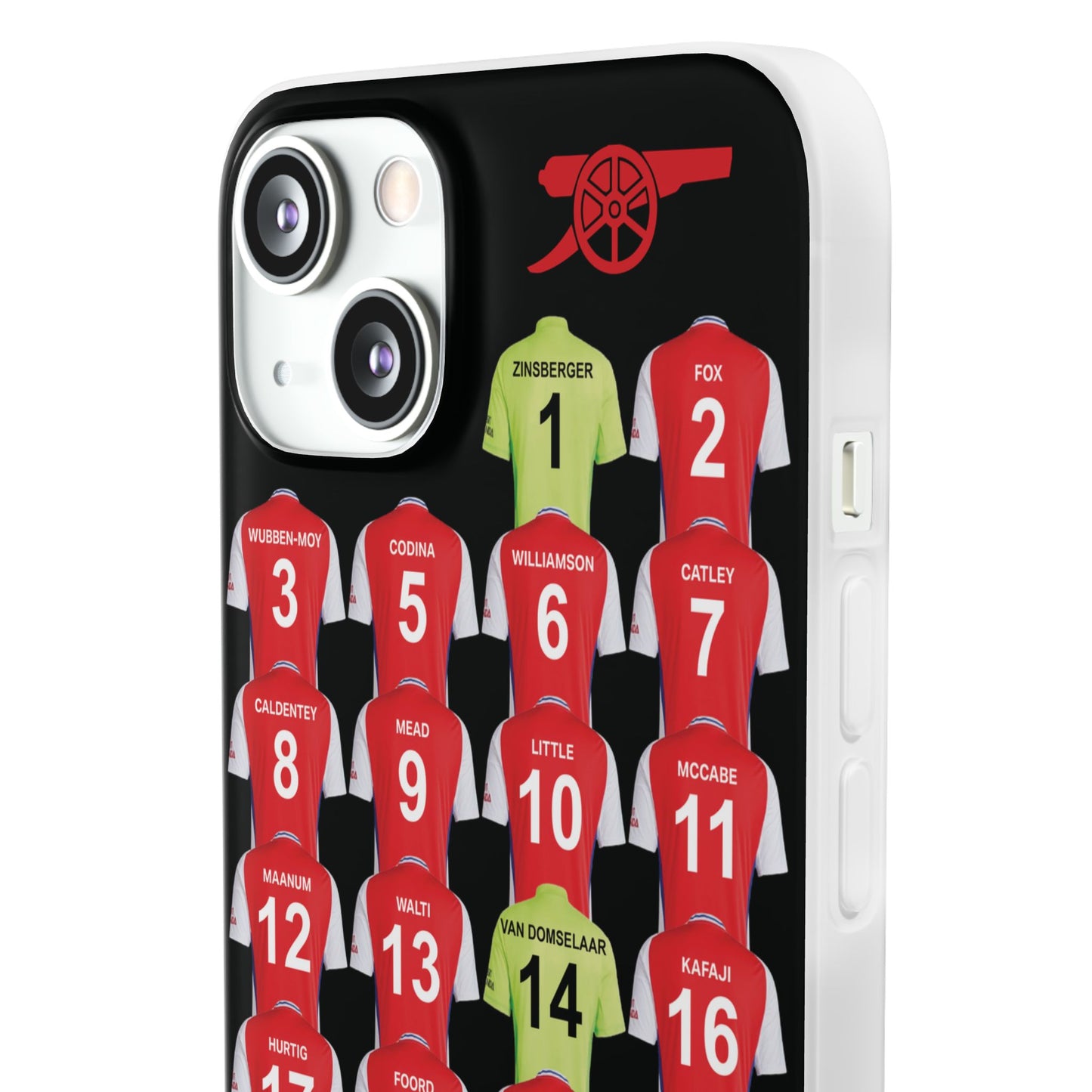 Arsenal Women Home Kit iPhone Flexi Case - iPhone 16, 15, 14, 13, 12, Mini/Plus/Pro/Pro Max - Black