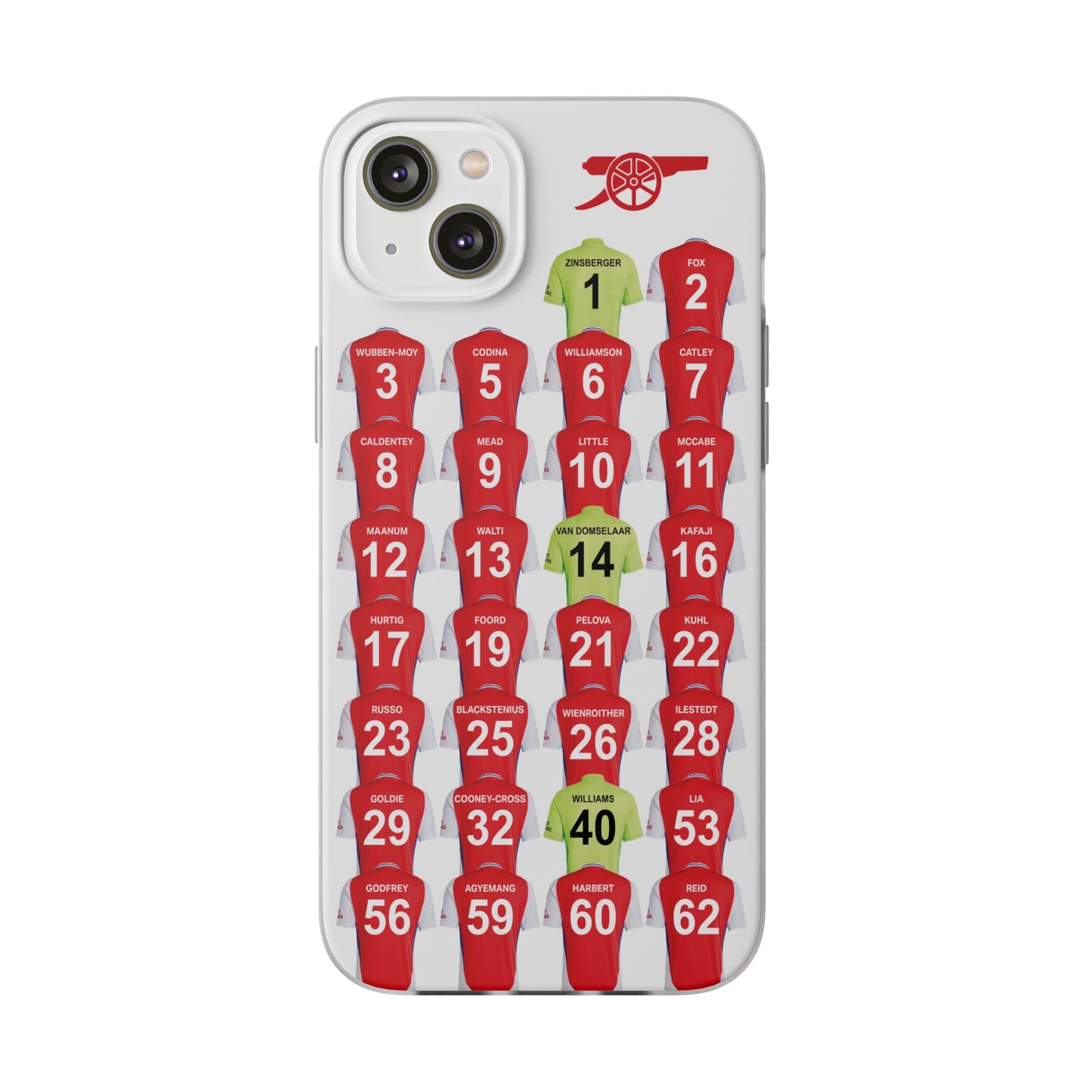 Arsenal Women Home Kit iPhone Flexi Case - iPhone 16, 15, 14, 13, 12, Mini/Plus/Pro/Pro Max - White