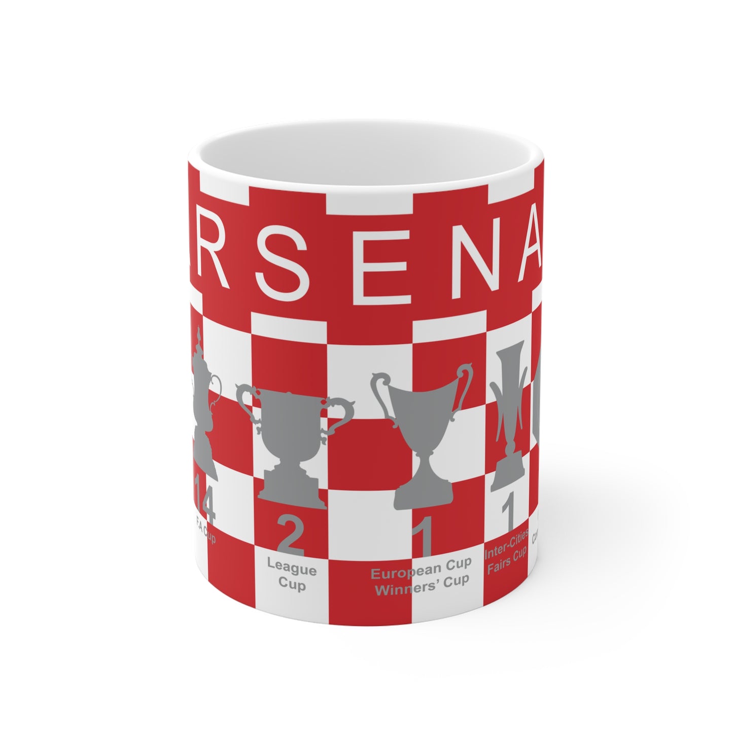 Arsenal Red & White Chequered Trophies Mug UPDATED - White Text