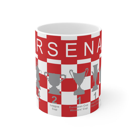 Arsenal Red & White Chequered Trophies Mug UPDATED - White Text