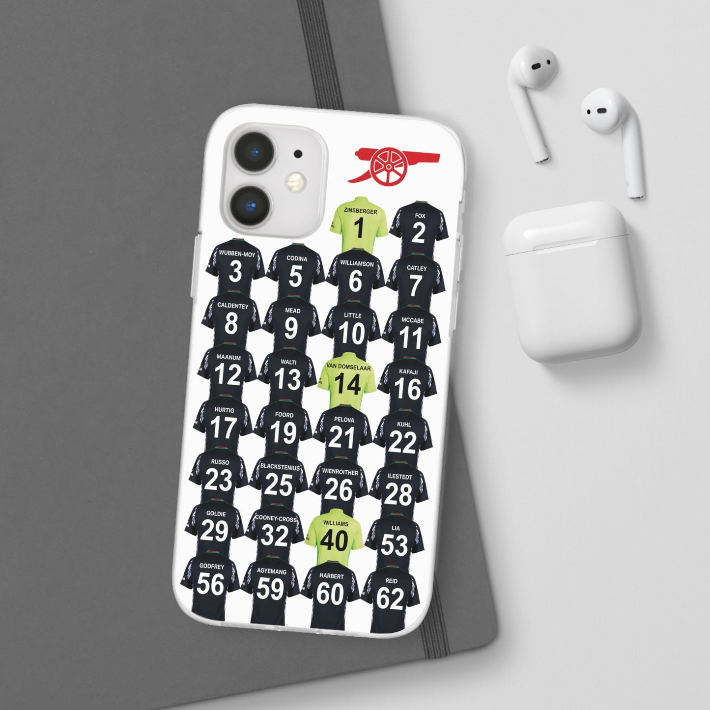 Arsenal Women Away Kit iPhone Flexi Case - iPhone 16, 15, 14, 13, 12, Mini/Plus/Pro/Pro Max - White