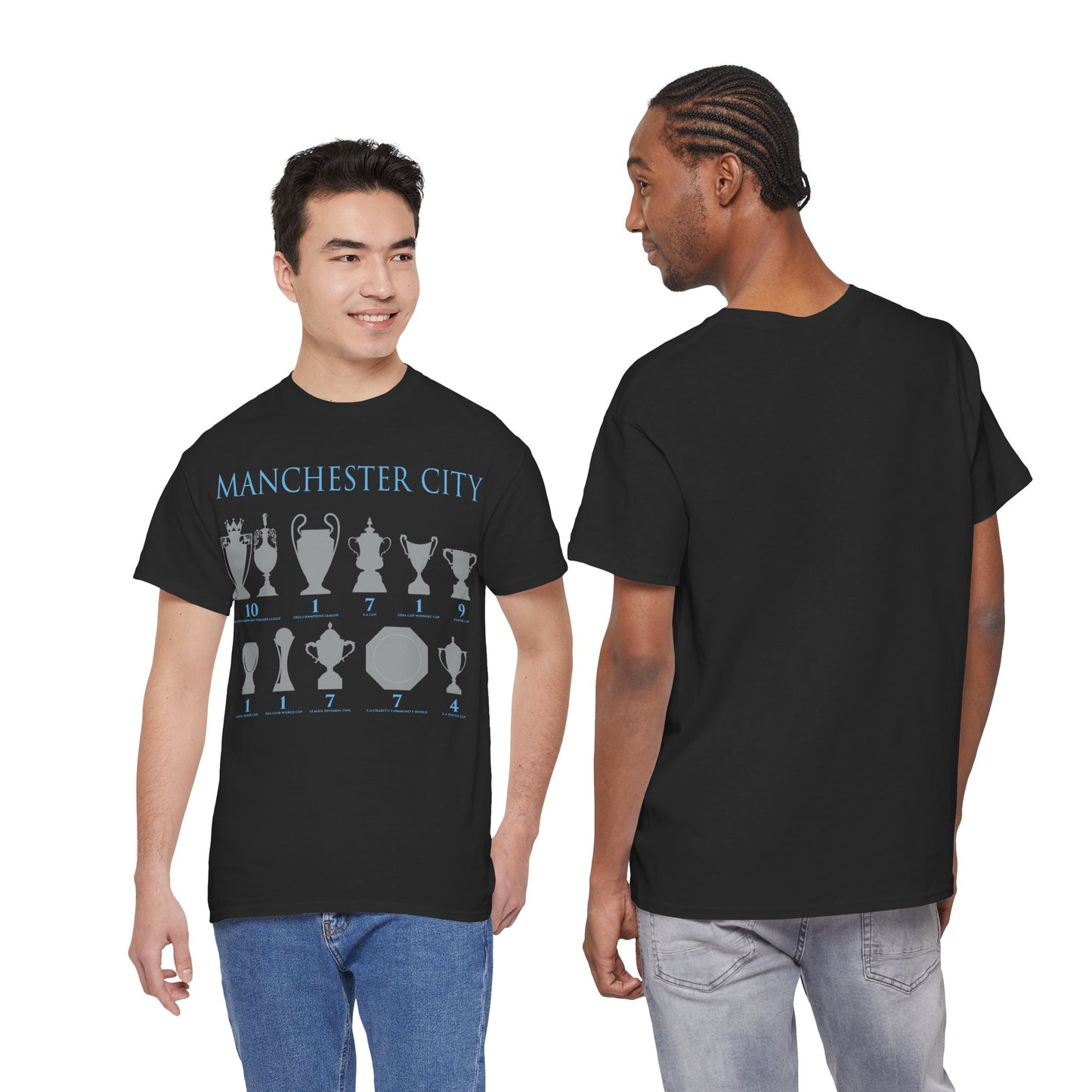 Manchester City Trophies Unisex Heavy Cotton T-Shirt - Light Blue/White/Black/Navy