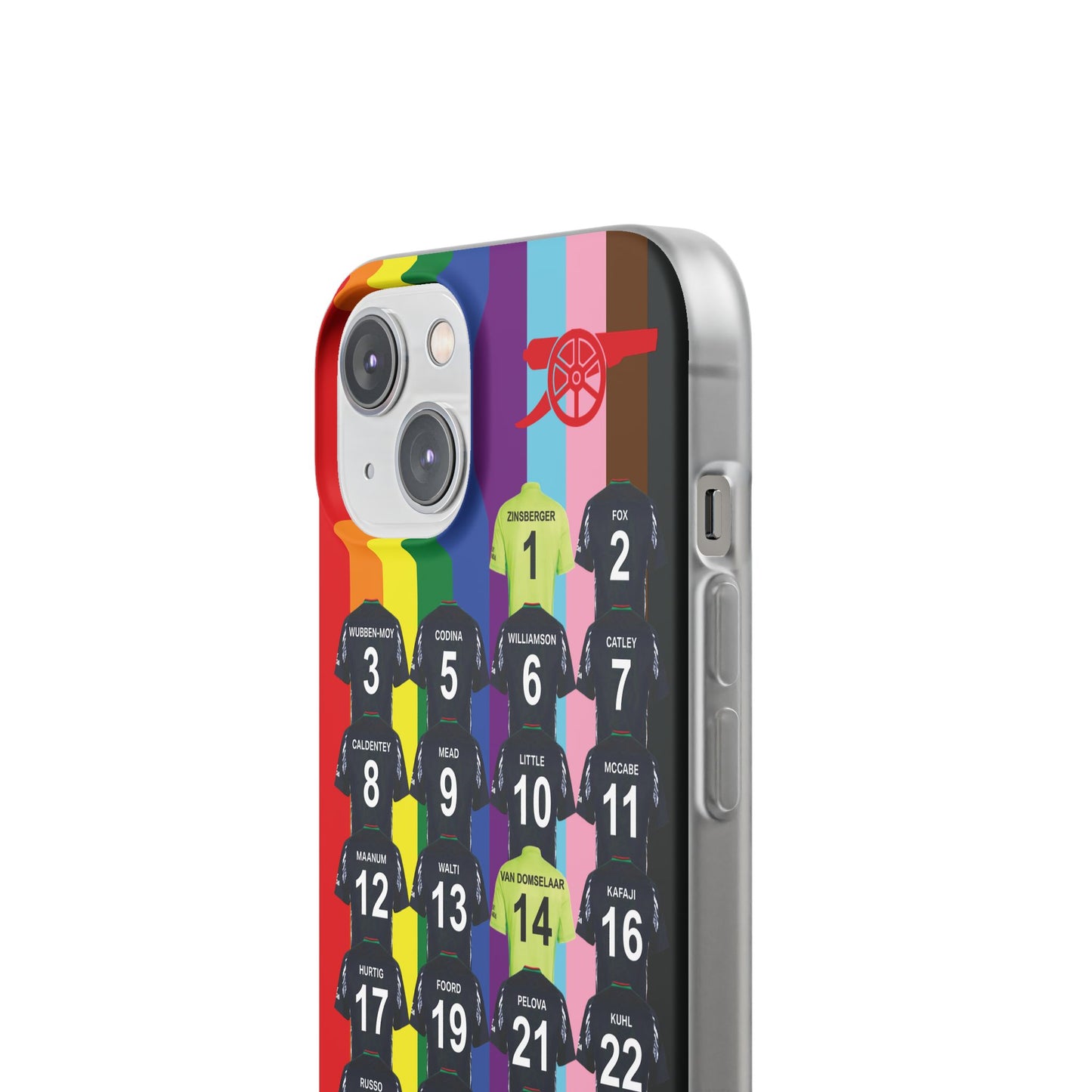 Arsenal Women Away Kit iPhone Flexi Case - iPhone 16, 15, 14, 13, 12, Mini/Plus/Pro/Pro Max - Rainbow