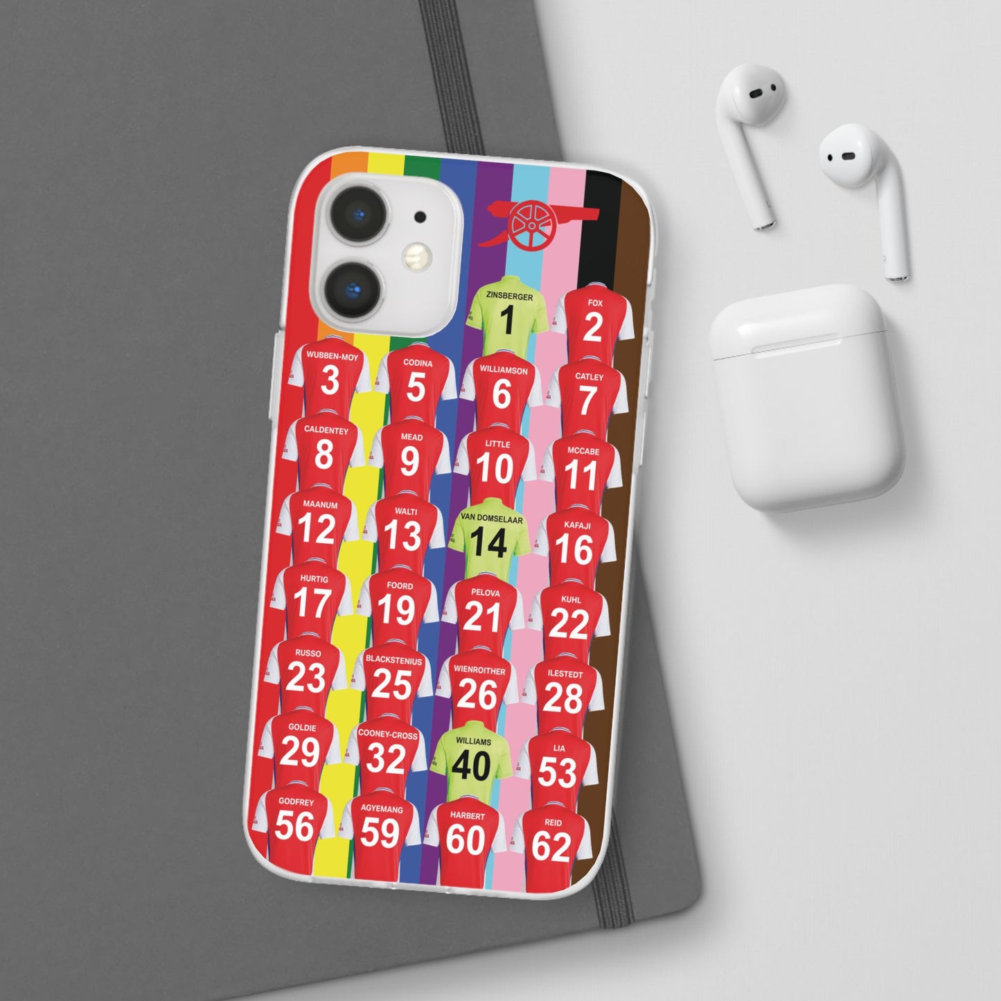 Arsenal Women Home Kit iPhone Flexi Case - iPhone 16, 15, 14, 13, 12, Mini/Plus/Pro/Pro Max - Rainbow