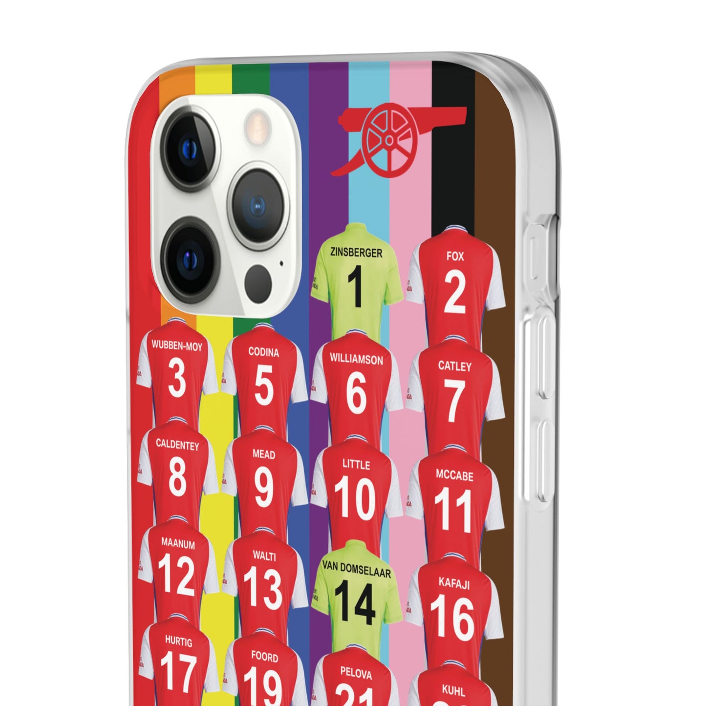 Arsenal Women Home Kit iPhone Flexi Case - iPhone 16, 15, 14, 13, 12, Mini/Plus/Pro/Pro Max - Rainbow