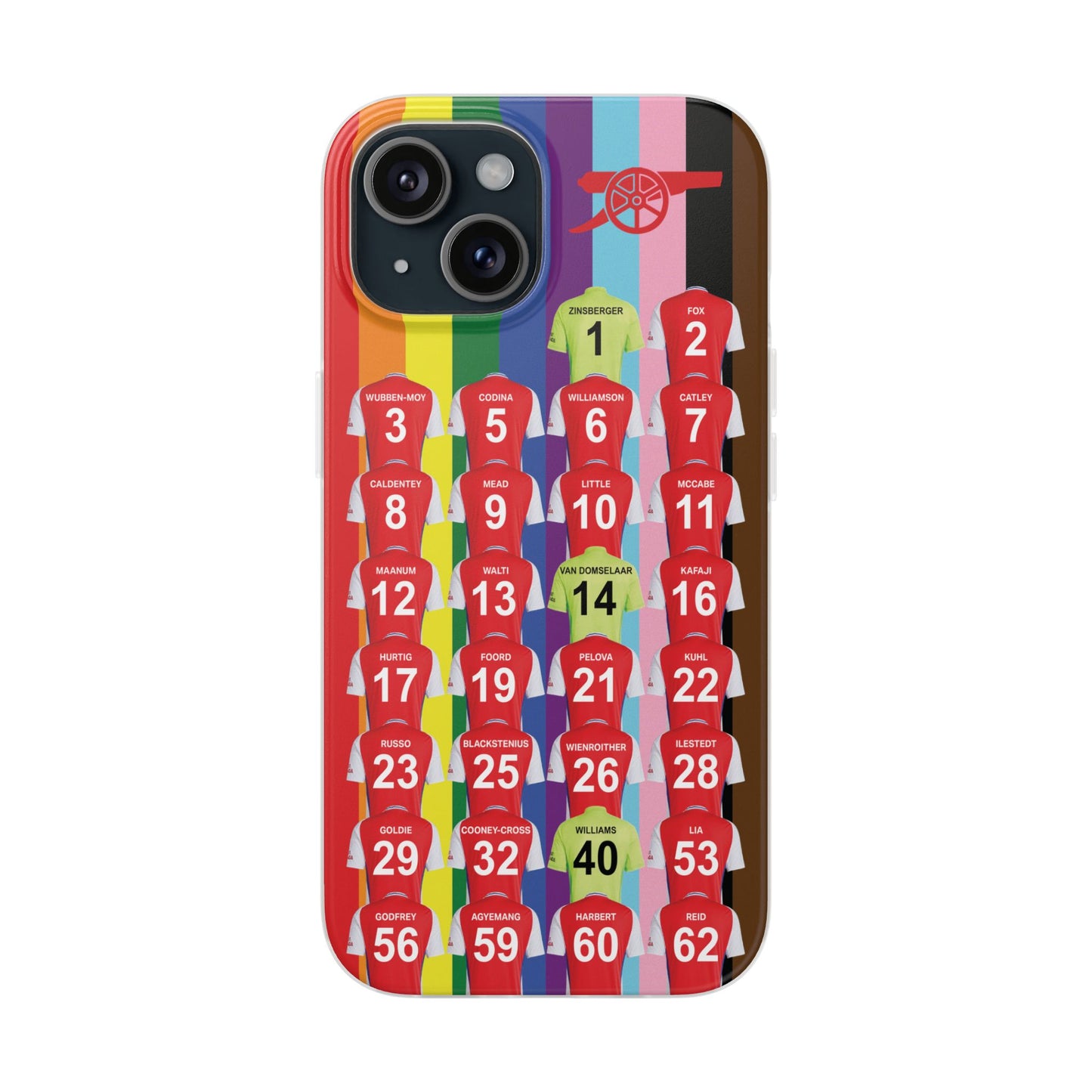 Arsenal Women Home Kit iPhone Flexi Case - iPhone 16, 15, 14, 13, 12, Mini/Plus/Pro/Pro Max - Rainbow