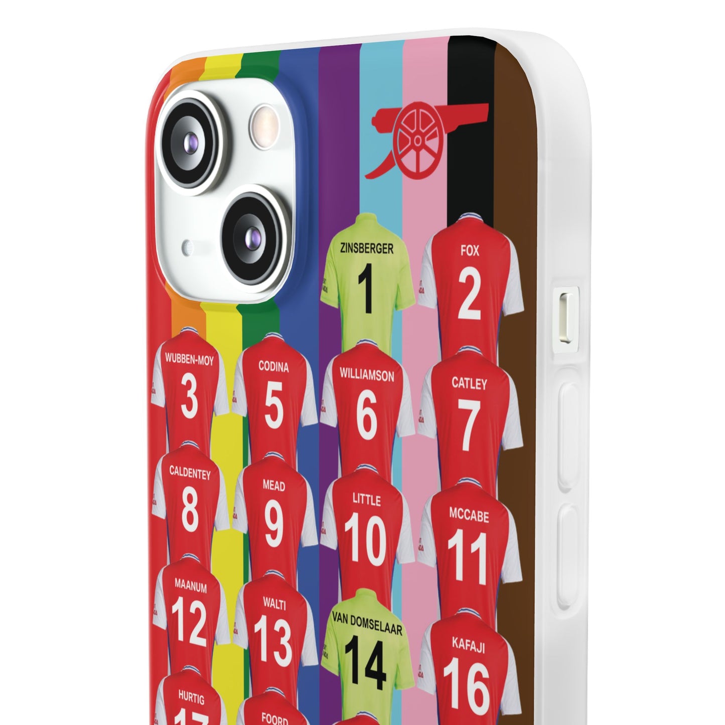 Arsenal Women Home Kit iPhone Flexi Case - iPhone 16, 15, 14, 13, 12, Mini/Plus/Pro/Pro Max - Rainbow