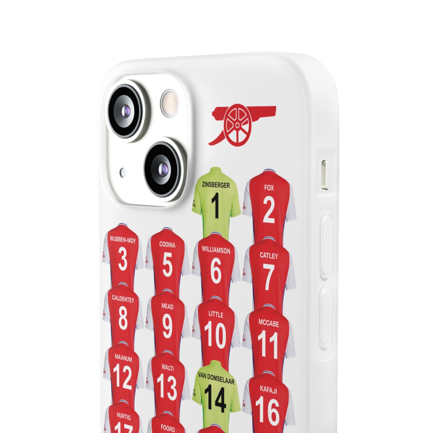 Arsenal Women Home Kit iPhone Flexi Case - iPhone 16, 15, 14, 13, 12, Mini/Plus/Pro/Pro Max - White