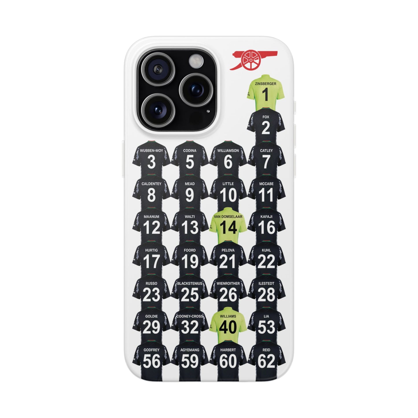 Arsenal Women Away Kit iPhone Flexi Case - iPhone 16, 15, 14, 13, 12, Mini/Plus/Pro/Pro Max - White