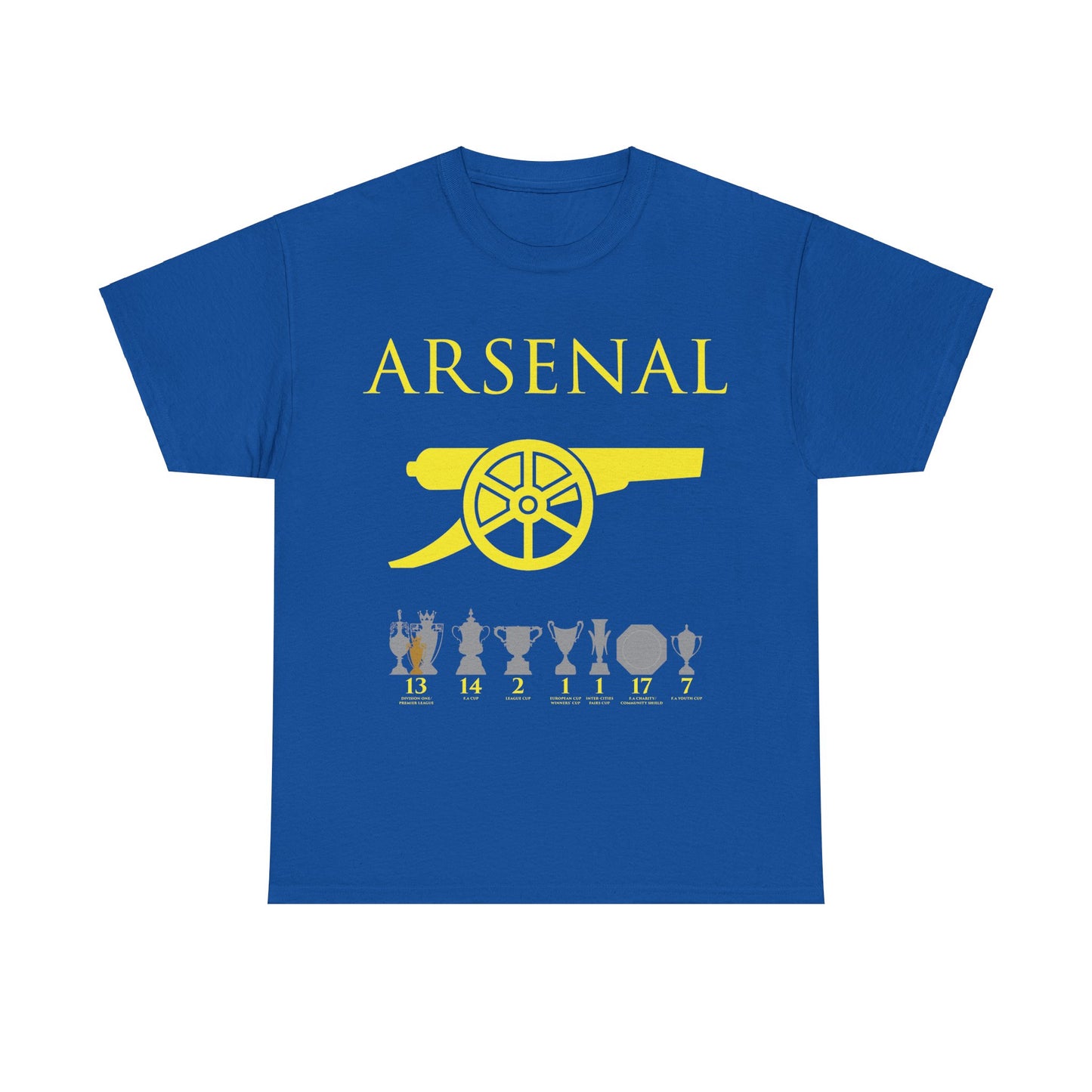 Arsenal Cannon & Trophies Unisex Heavy Cotton T-Shirt - Red/White/Black/Gold/Royal
