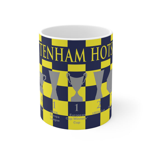 Tottenham Hotspur Blue & Yellow Chequered Trophies Mug - Yellow Header Text