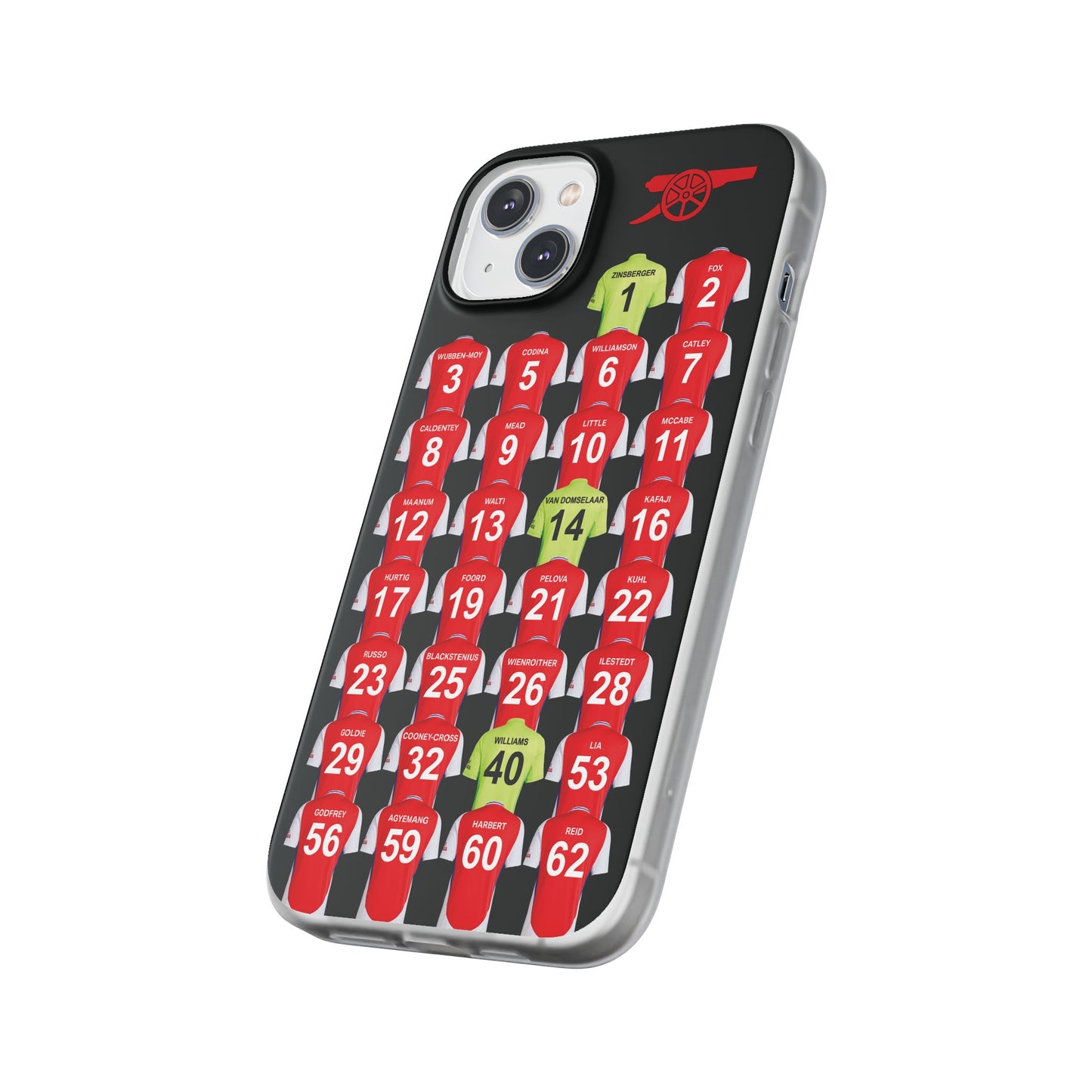 Arsenal Women Home Kit iPhone Flexi Case - iPhone 16, 15, 14, 13, 12, Mini/Plus/Pro/Pro Max - Black