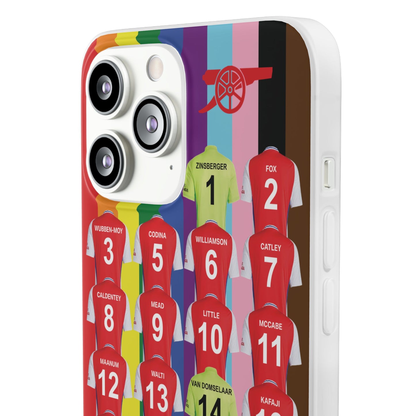 Arsenal Women Home Kit iPhone Flexi Case - iPhone 16, 15, 14, 13, 12, Mini/Plus/Pro/Pro Max - Rainbow