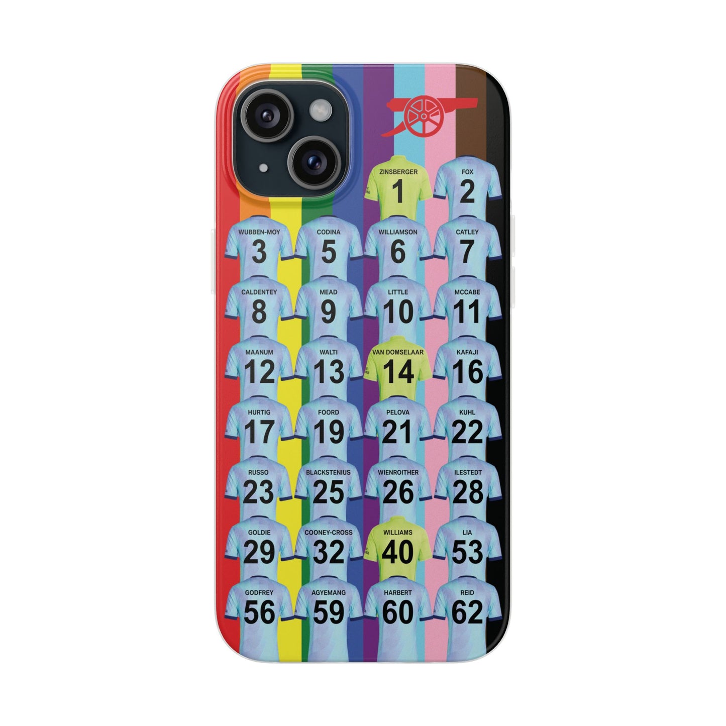 Arsenal Women Third Kit iPhone Flexi Case - iPhone 16, 15, 14, 13, 12, Mini/Plus/Pro/Pro Max - Rainbow