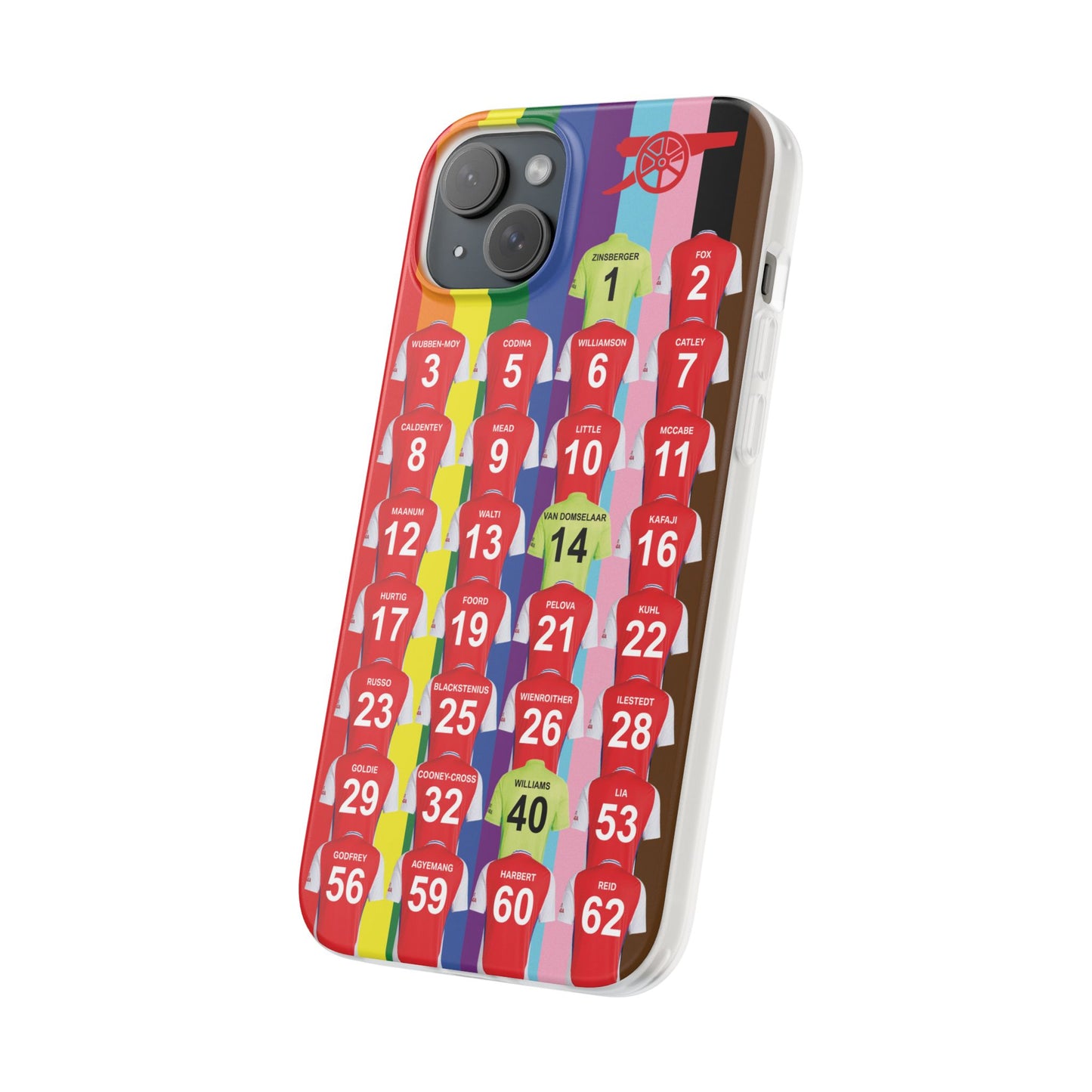 Arsenal Women Home Kit iPhone Flexi Case - iPhone 16, 15, 14, 13, 12, Mini/Plus/Pro/Pro Max - Rainbow