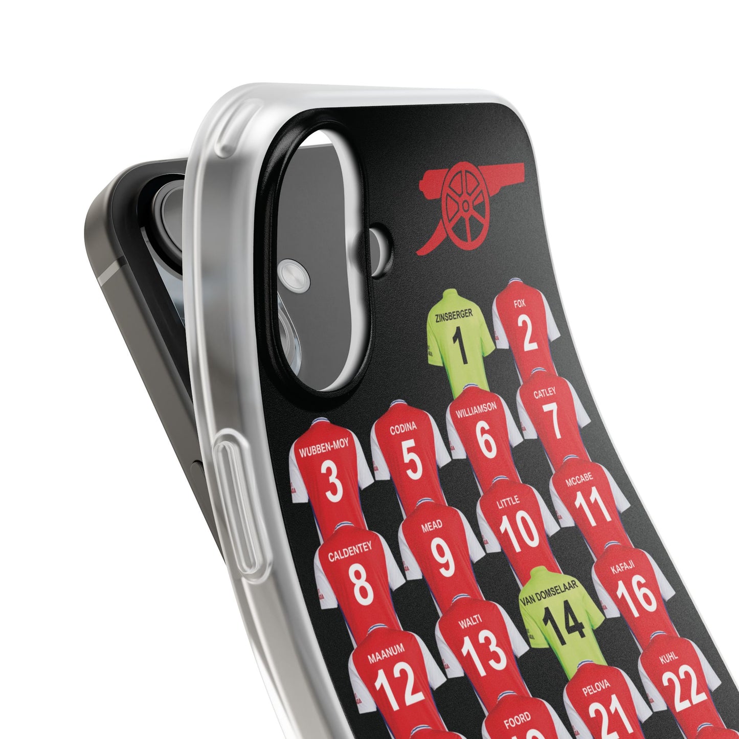 Arsenal Women Home Kit iPhone Flexi Case - iPhone 16, 15, 14, 13, 12, Mini/Plus/Pro/Pro Max - Black