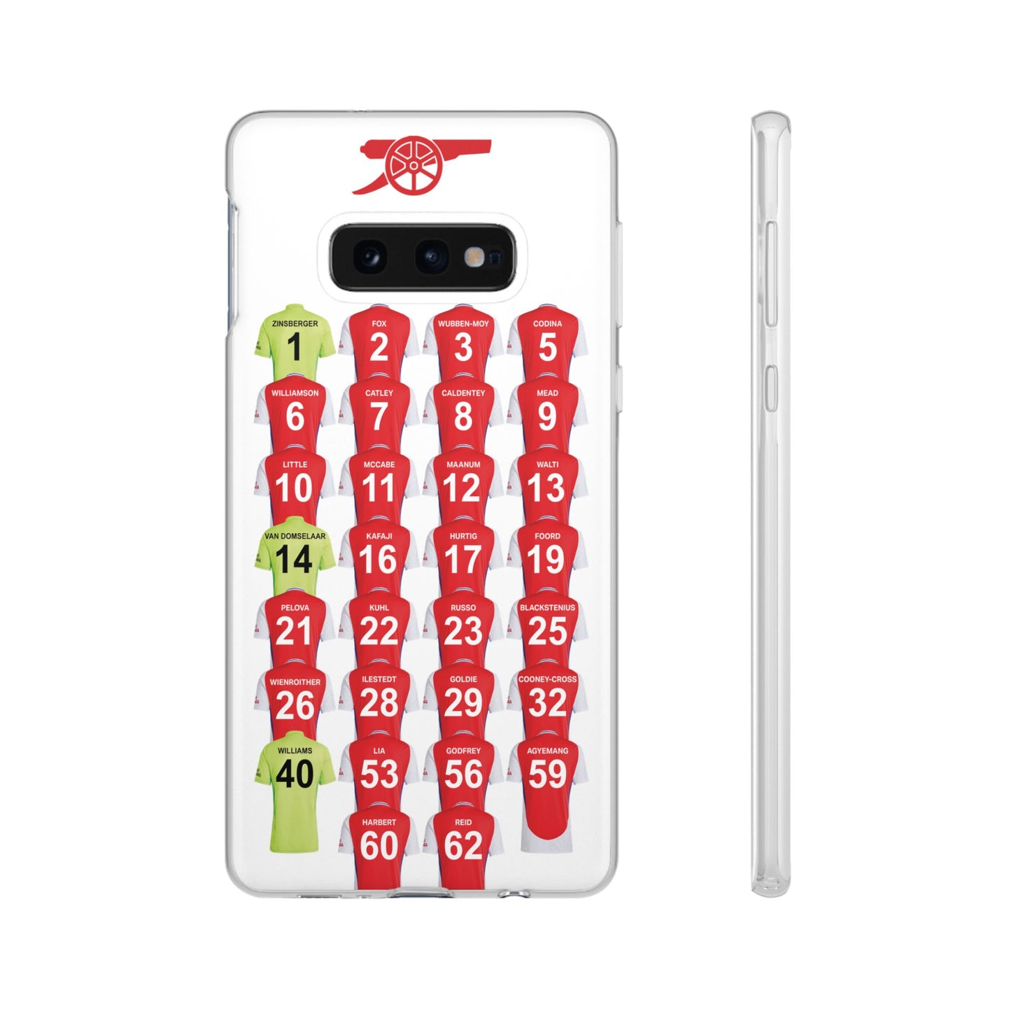 Arsenal Women Home Kit Samsung Galaxy Flexi Case - Samsung Galaxy S23, S22, S21, S10, Plus/Ultra - White