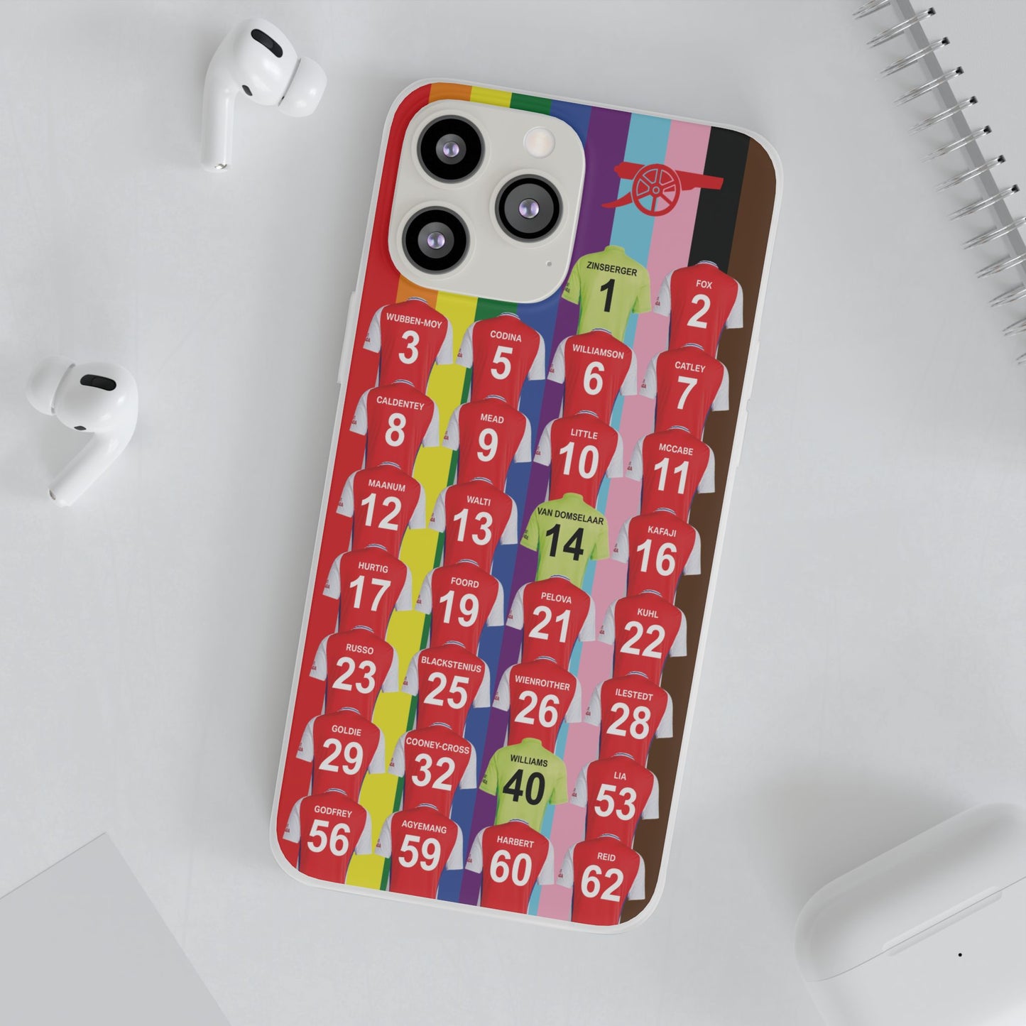 Arsenal Women Home Kit iPhone Flexi Case - iPhone 16, 15, 14, 13, 12, Mini/Plus/Pro/Pro Max - Rainbow