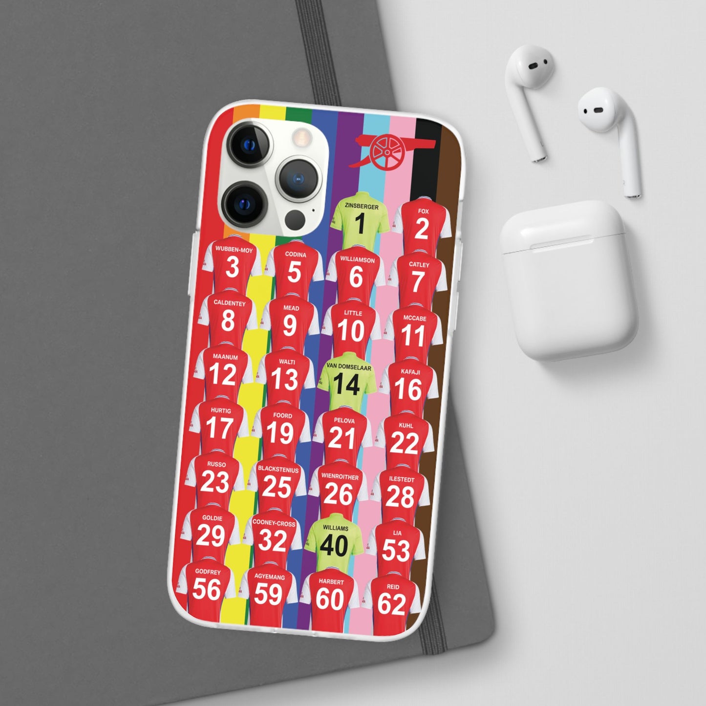 Arsenal Women Home Kit iPhone Flexi Case - iPhone 16, 15, 14, 13, 12, Mini/Plus/Pro/Pro Max - Rainbow