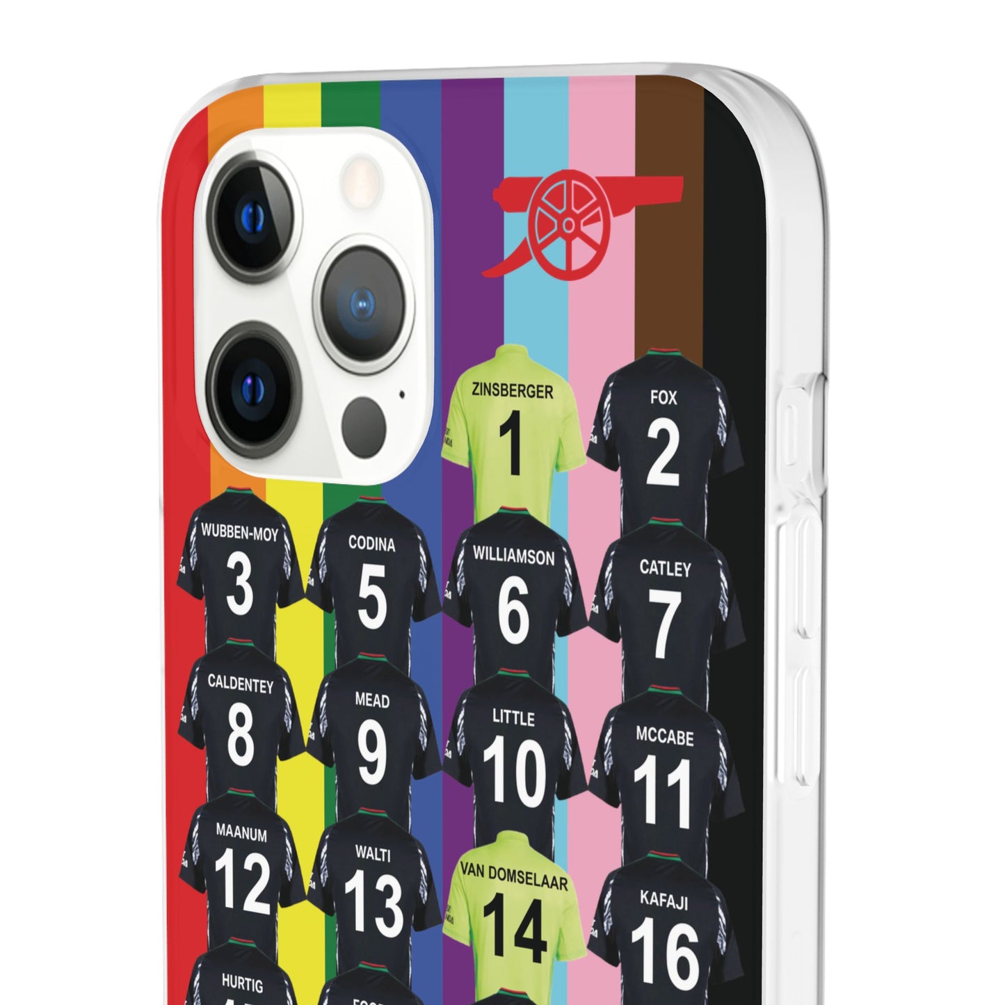 Arsenal Women Away Kit iPhone Flexi Case - iPhone 16, 15, 14, 13, 12, Mini/Plus/Pro/Pro Max - Rainbow