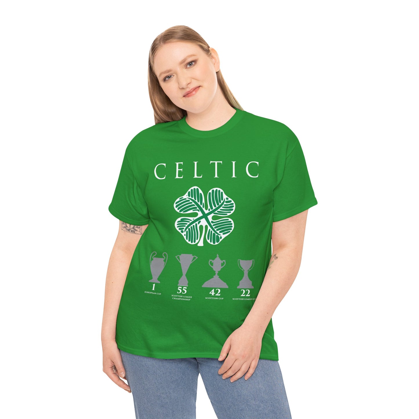 Celtic Clover & Trophies Unisex Heavy Cotton T-Shirt - Irish Green/Black/White/Gold/Sport Grey/Charcoal/Military Green/Forest Green
