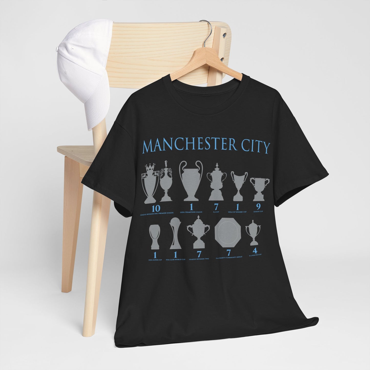 Manchester City Trophies Unisex Heavy Cotton T-Shirt - Light Blue/White/Black/Navy