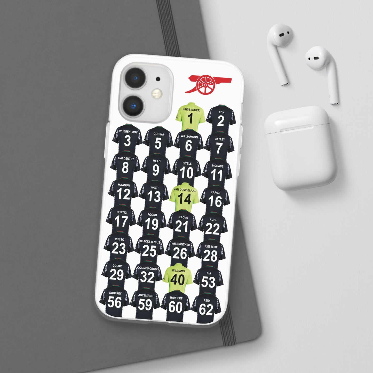 Arsenal Women Away Kit iPhone Flexi Case - iPhone 16, 15, 14, 13, 12, Mini/Plus/Pro/Pro Max - White