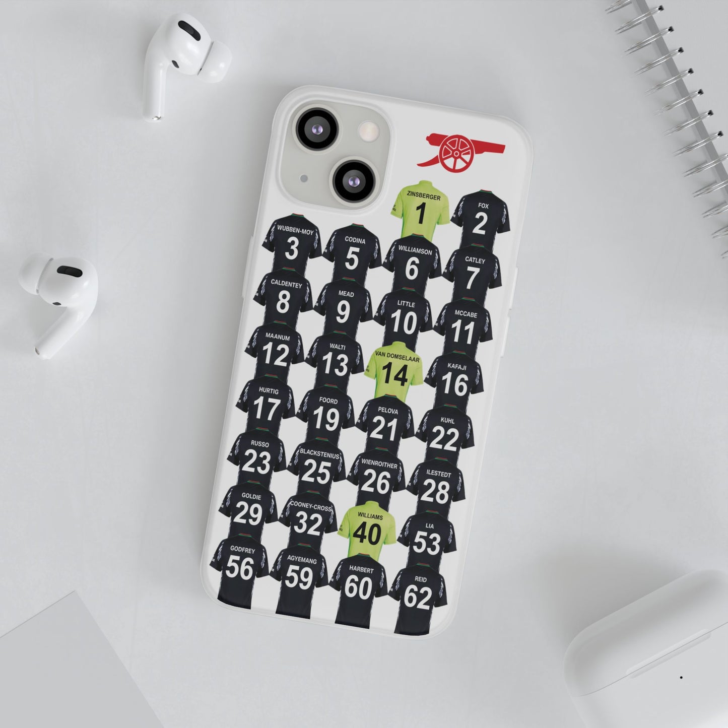 Arsenal Women Away Kit iPhone Flexi Case - iPhone 16, 15, 14, 13, 12, Mini/Plus/Pro/Pro Max - White