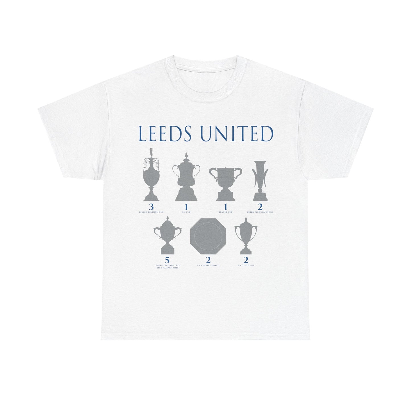 Leeds United Trophies Unisex Heavy Cotton T-Shirt - White/Black/Gold/Royal/Navy