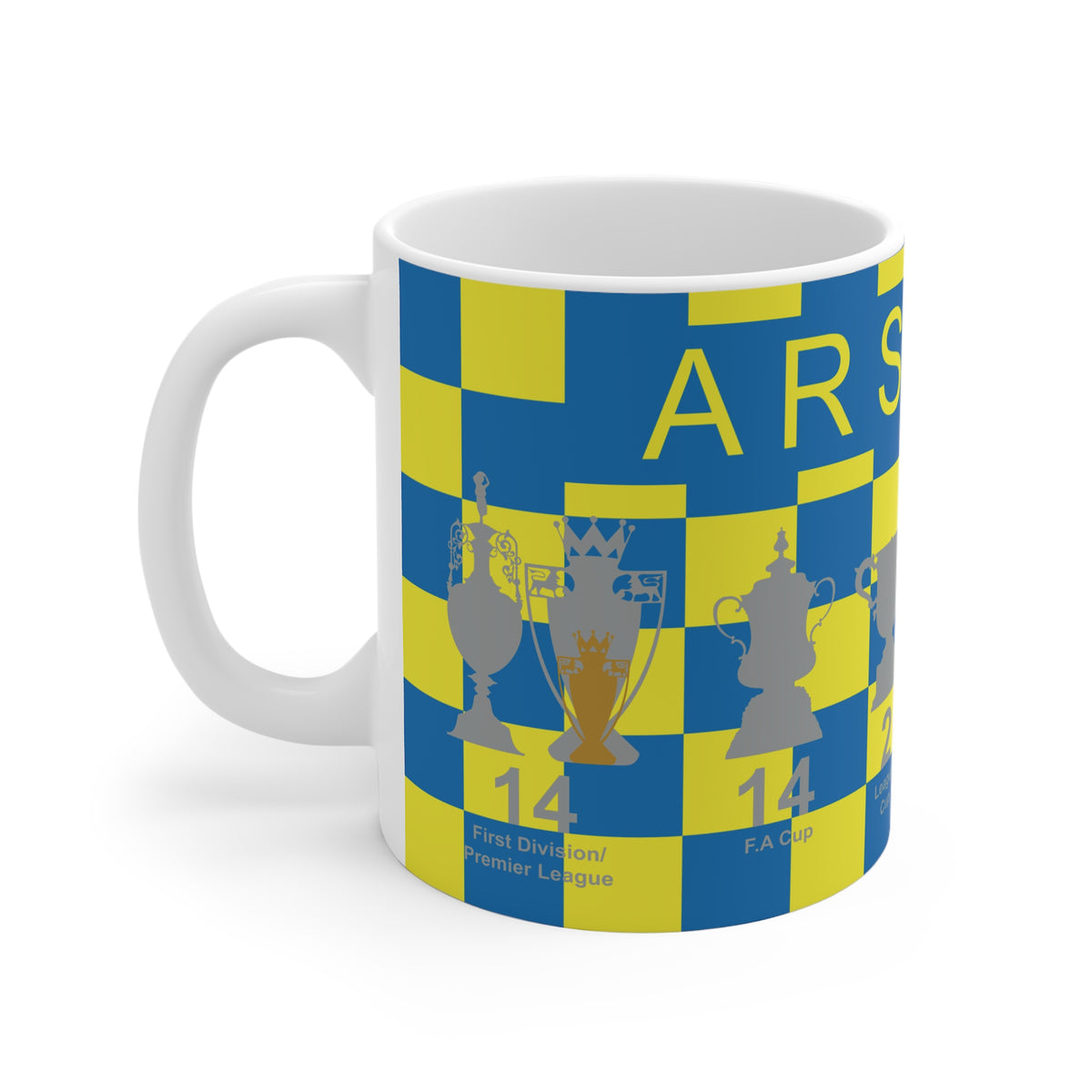 Arsenal Yellow & Blue Chequered Trophies Mug UPDATED - Yellow Text