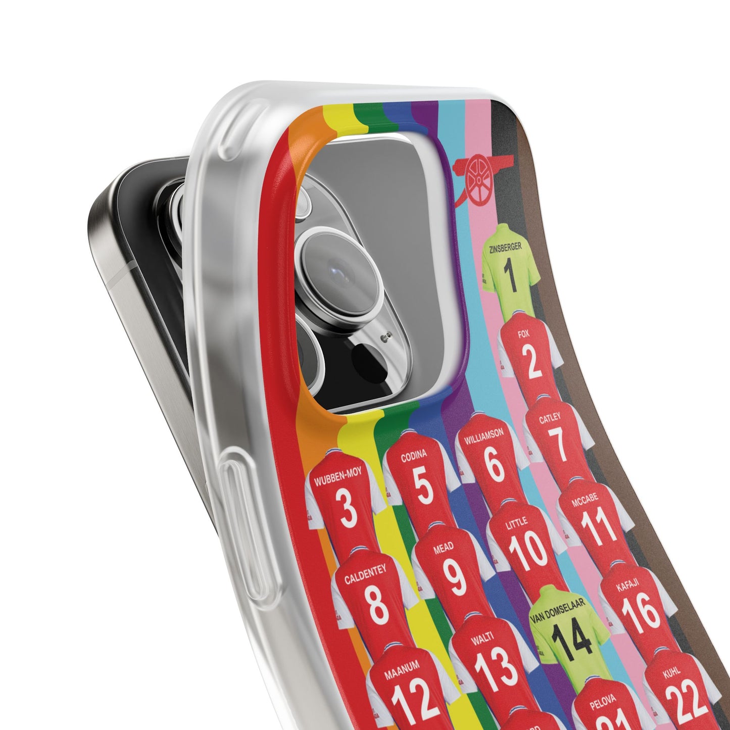 Arsenal Women Home Kit iPhone Flexi Case - iPhone 16, 15, 14, 13, 12, Mini/Plus/Pro/Pro Max - Rainbow