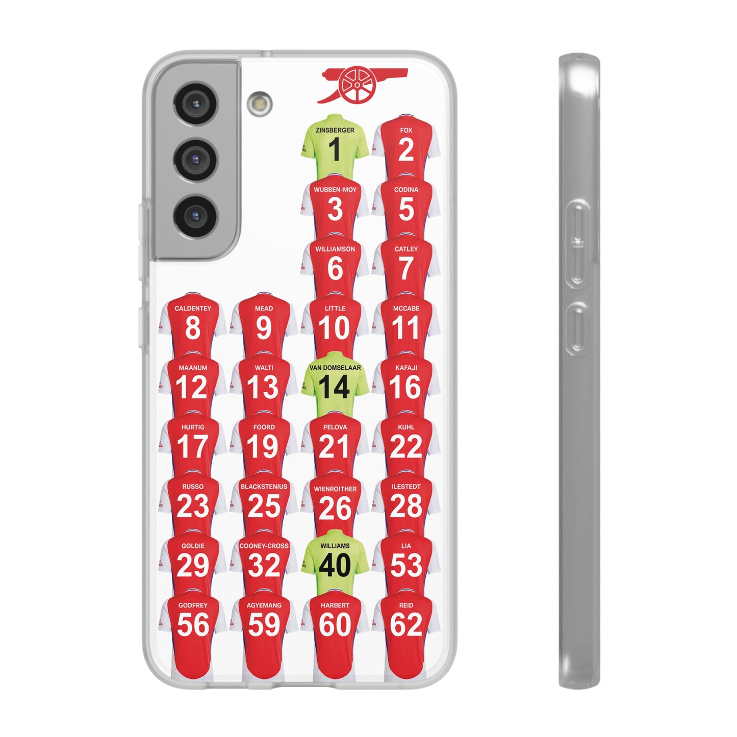 Arsenal Women Home Kit Samsung Galaxy Flexi Case - Samsung Galaxy S23, S22, S21, S10, Plus/Ultra - White