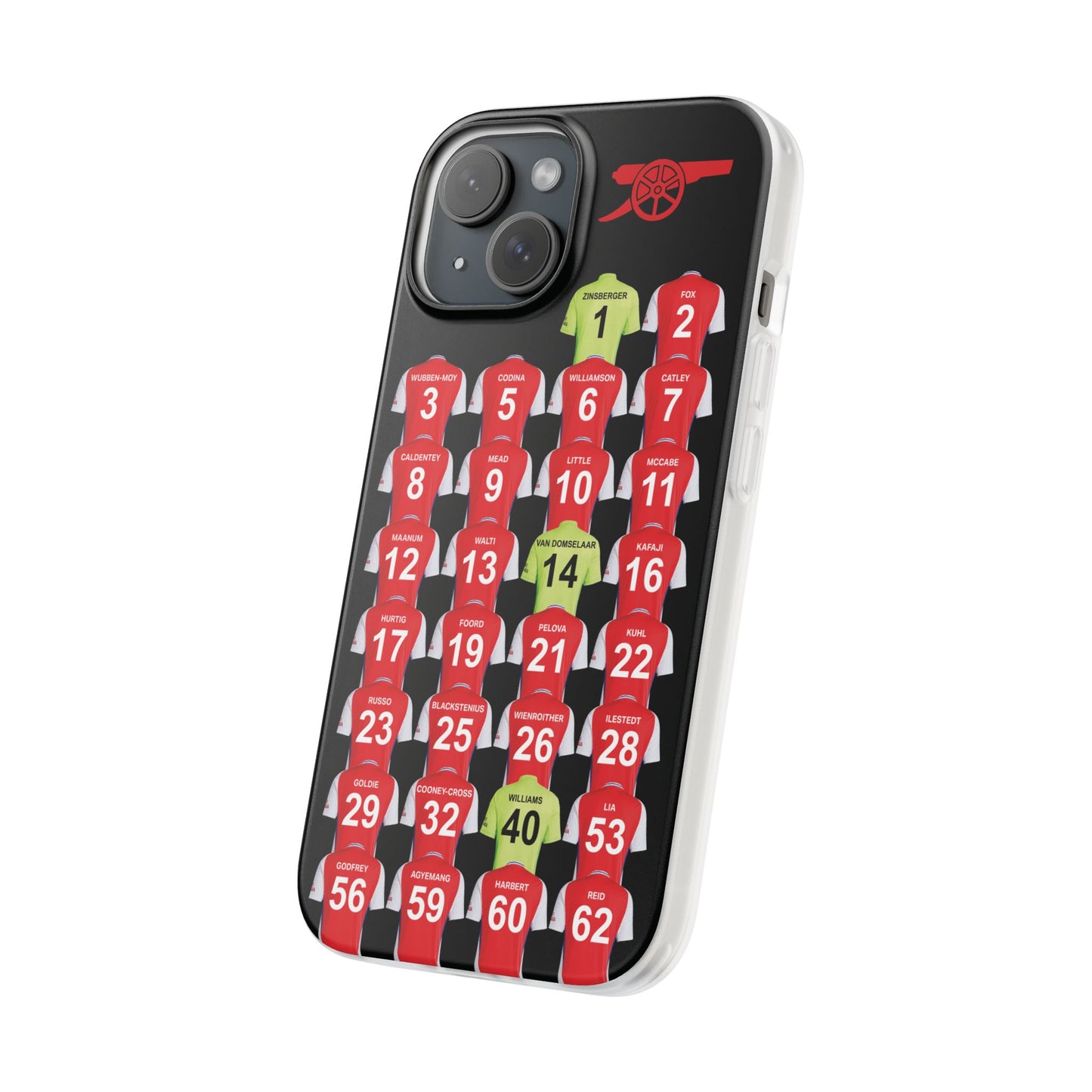 Arsenal Women Home Kit iPhone Flexi Case - iPhone 16, 15, 14, 13, 12, Mini/Plus/Pro/Pro Max - Black