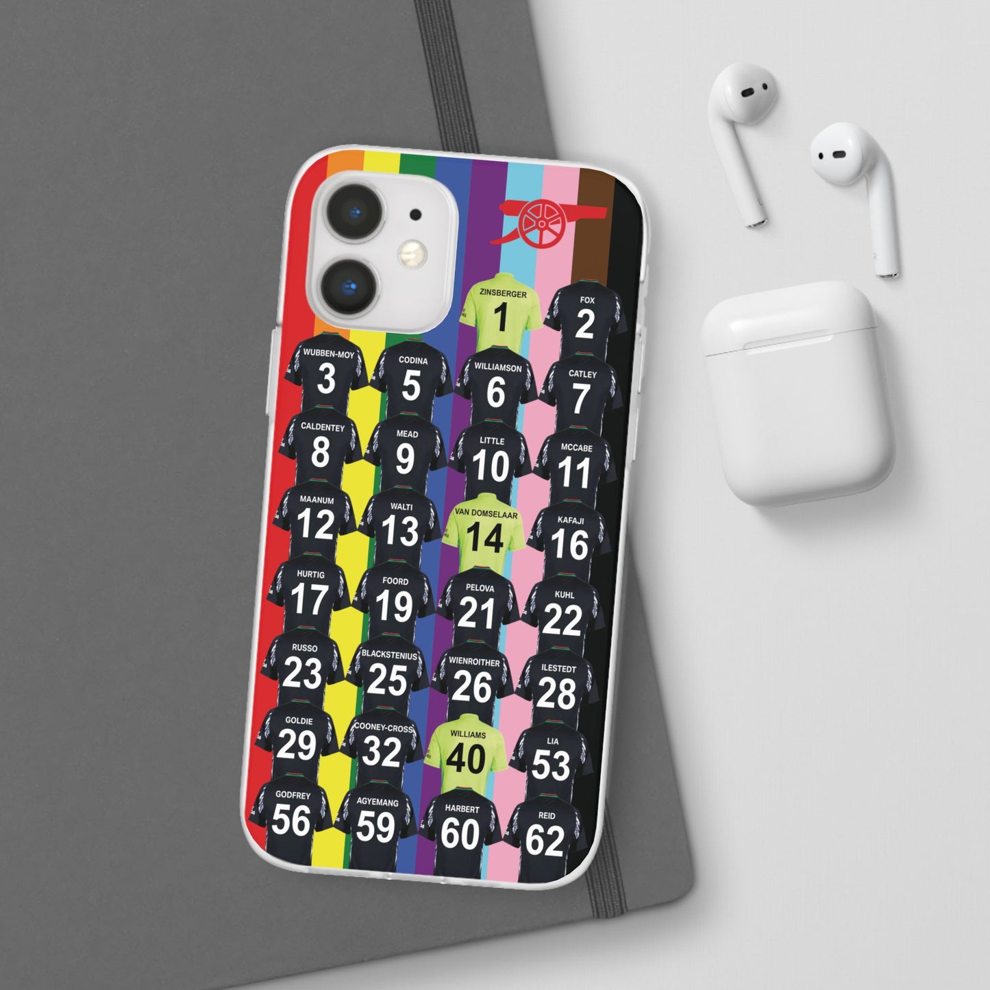 Arsenal Women Away Kit iPhone Flexi Case - iPhone 16, 15, 14, 13, 12, Mini/Plus/Pro/Pro Max - Rainbow