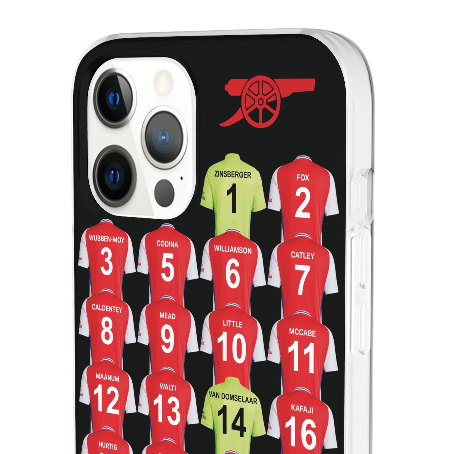 Arsenal Women Home Kit iPhone Flexi Case - iPhone 16, 15, 14, 13, 12, Mini/Plus/Pro/Pro Max - Black