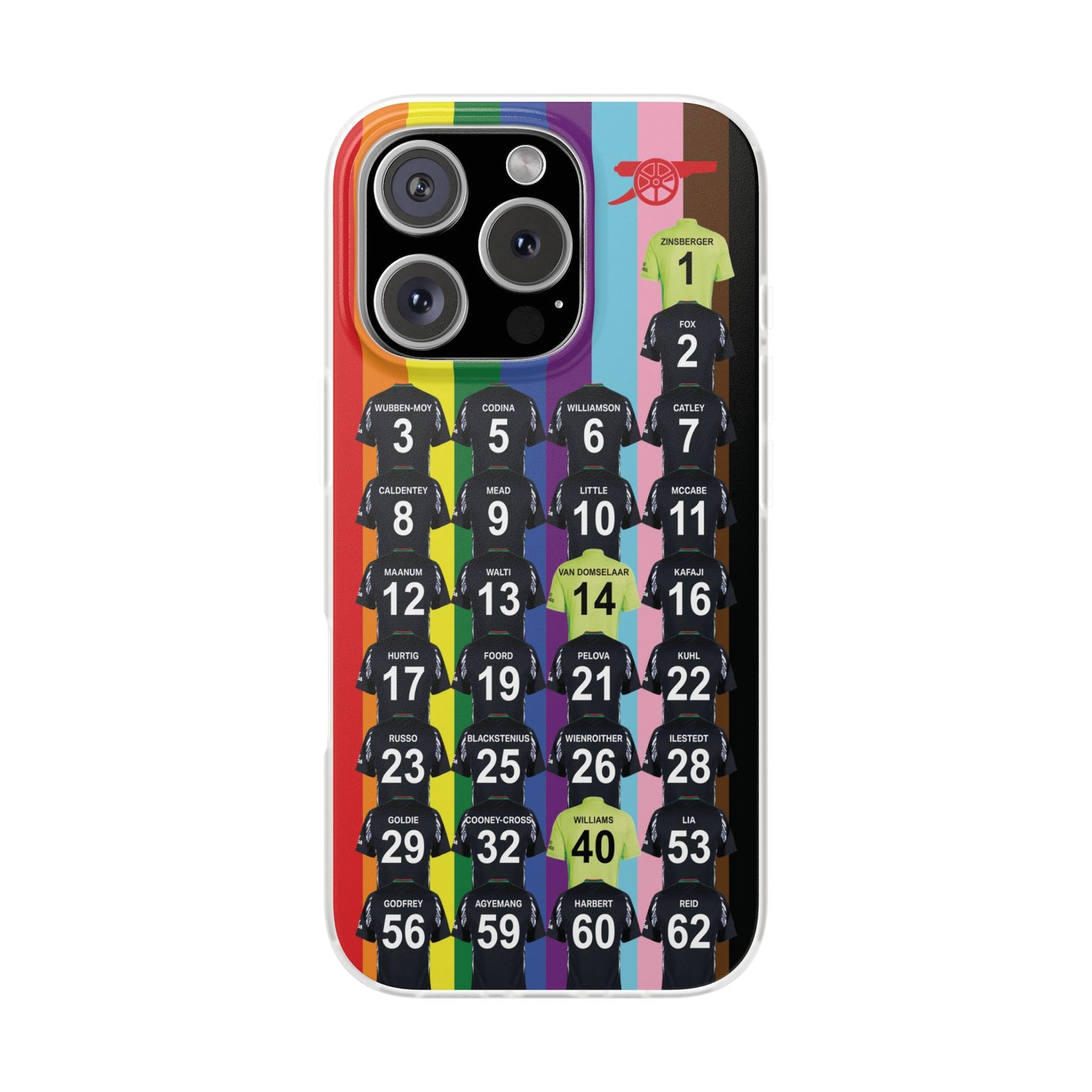 Arsenal Women Away Kit iPhone Flexi Case - iPhone 16, 15, 14, 13, 12, Mini/Plus/Pro/Pro Max - Rainbow