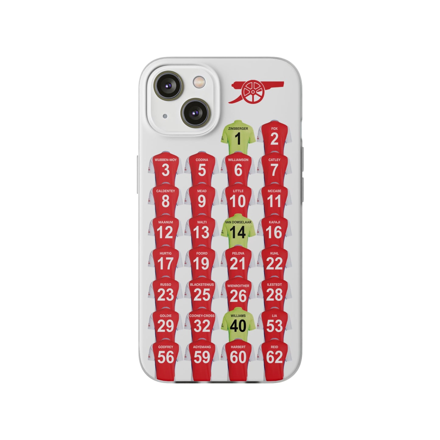 Arsenal Women Home Kit iPhone Flexi Case - iPhone 16, 15, 14, 13, 12, Mini/Plus/Pro/Pro Max - White