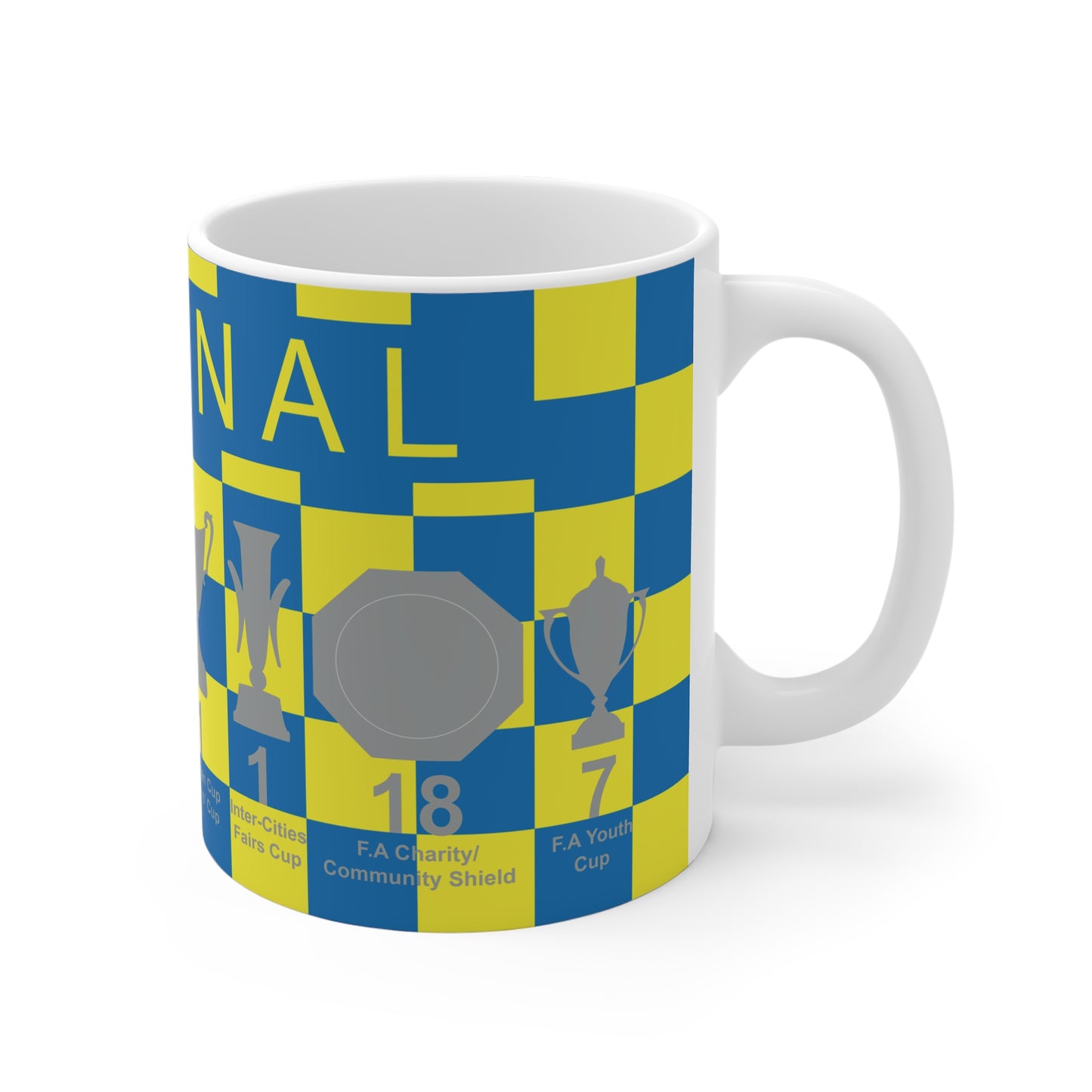 Arsenal Yellow & Blue Chequered Trophies Mug UPDATED - Yellow Text