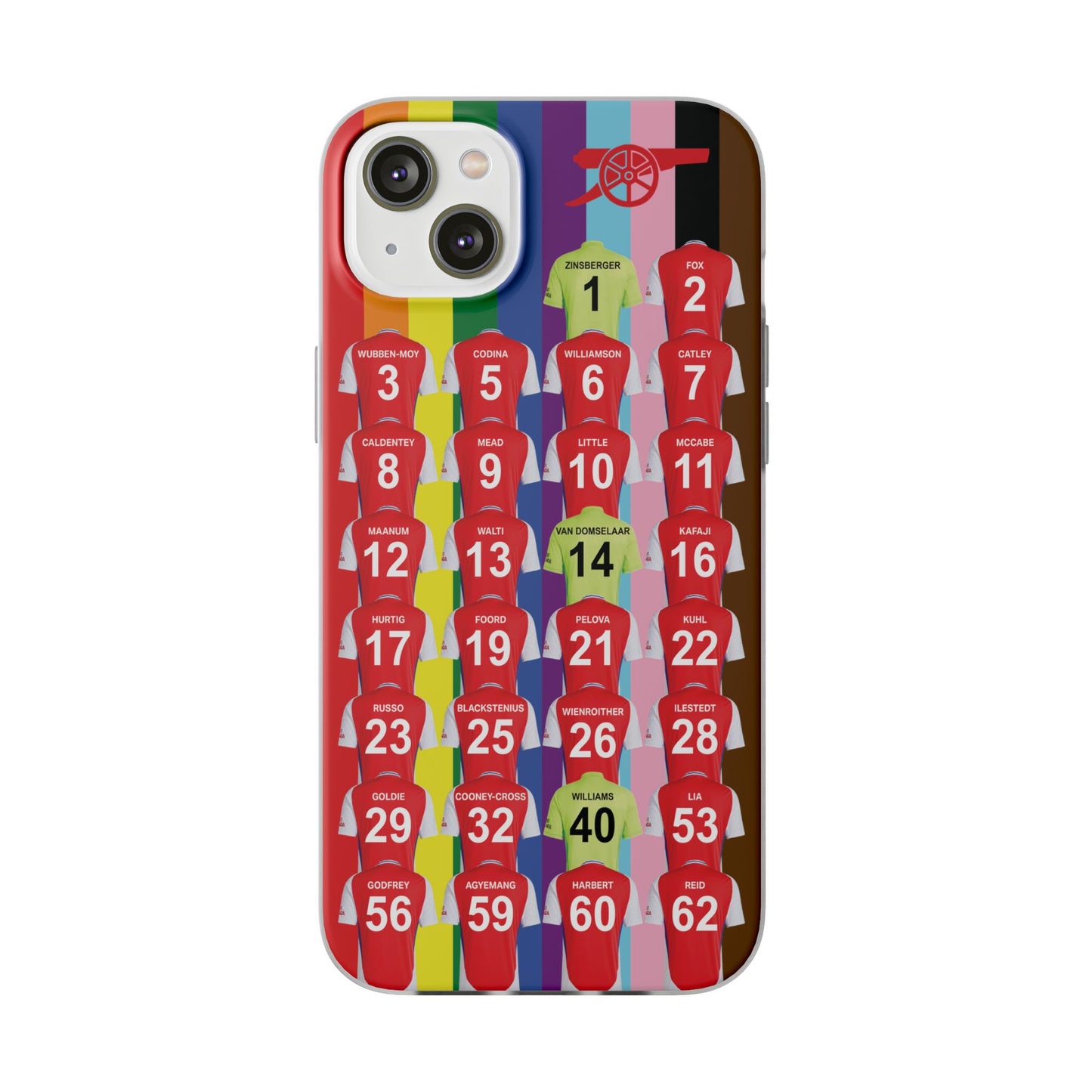 Arsenal Women Home Kit iPhone Flexi Case - iPhone 16, 15, 14, 13, 12, Mini/Plus/Pro/Pro Max - Rainbow