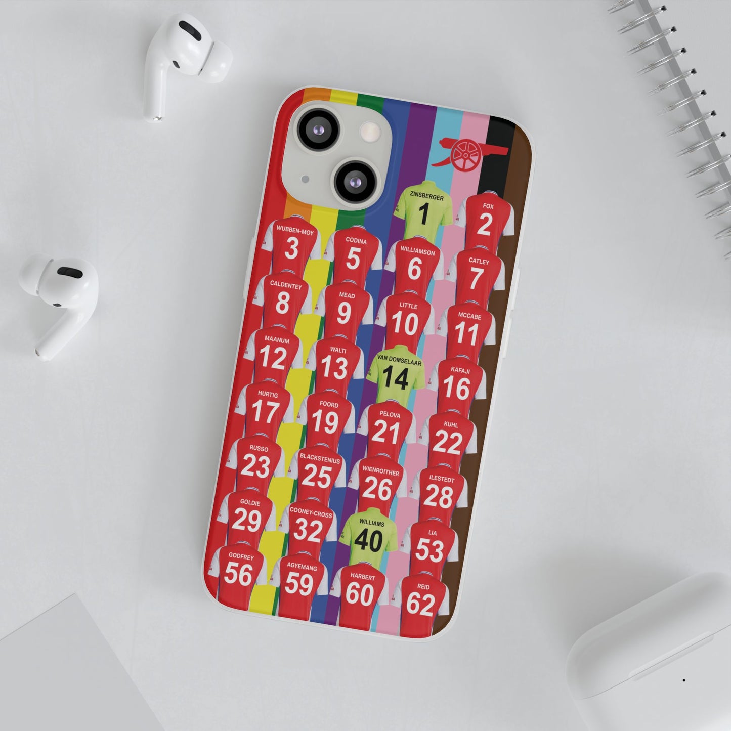 Arsenal Women Home Kit iPhone Flexi Case - iPhone 16, 15, 14, 13, 12, Mini/Plus/Pro/Pro Max - Rainbow