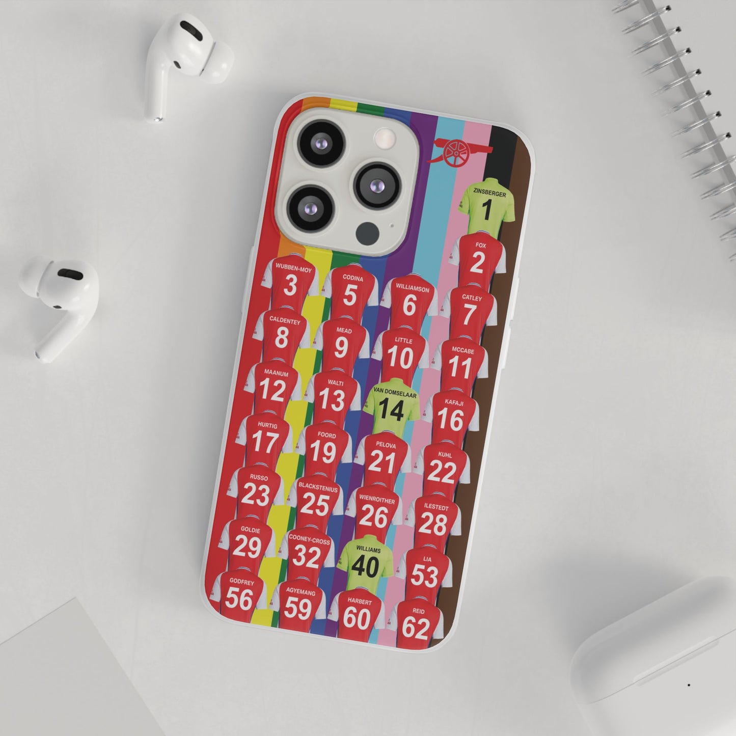 Arsenal Women Home Kit iPhone Flexi Case - iPhone 16, 15, 14, 13, 12, Mini/Plus/Pro/Pro Max - Rainbow