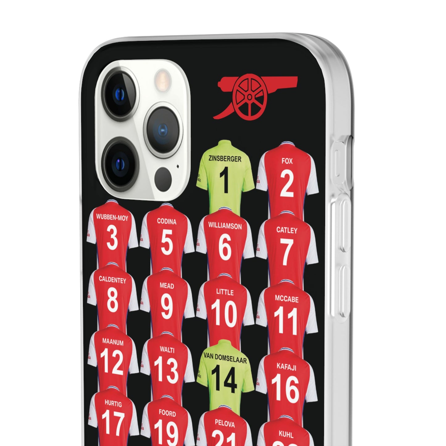 Arsenal Women Home Kit iPhone Flexi Case - iPhone 16, 15, 14, 13, 12, Mini/Plus/Pro/Pro Max - Black