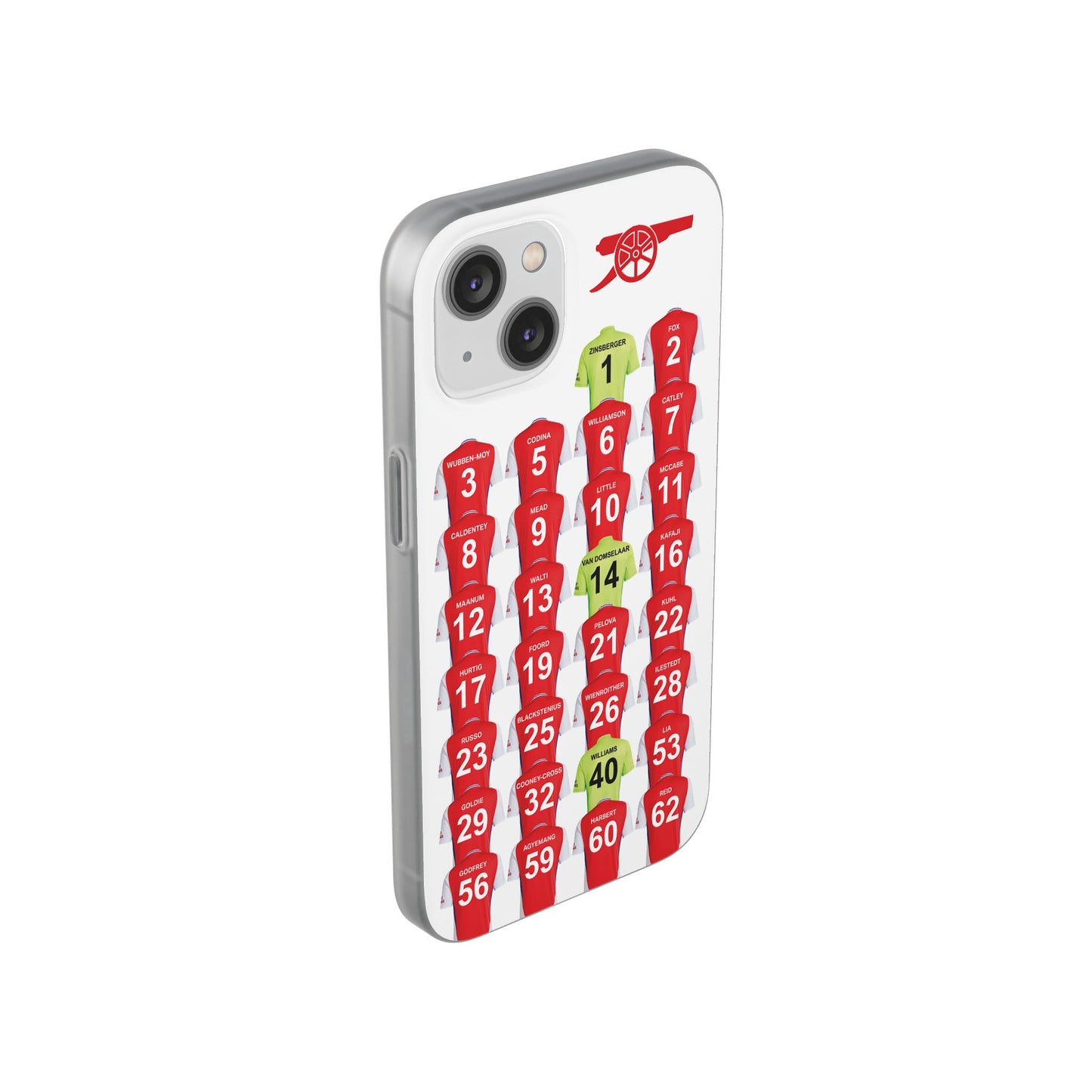 Arsenal Women Home Kit iPhone Flexi Case - iPhone 16, 15, 14, 13, 12, Mini/Plus/Pro/Pro Max - White