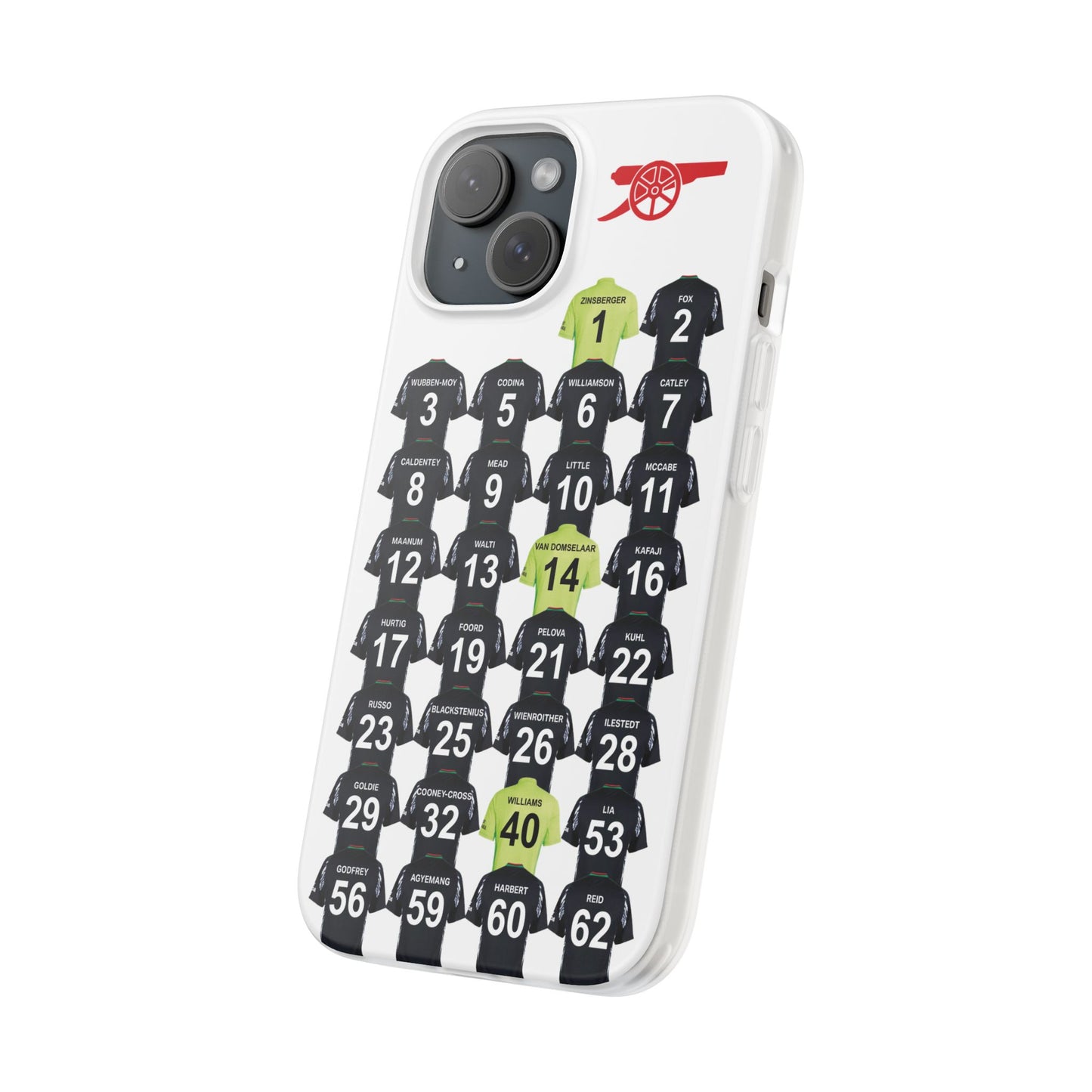 Arsenal Women Away Kit iPhone Flexi Case - iPhone 16, 15, 14, 13, 12, Mini/Plus/Pro/Pro Max - White