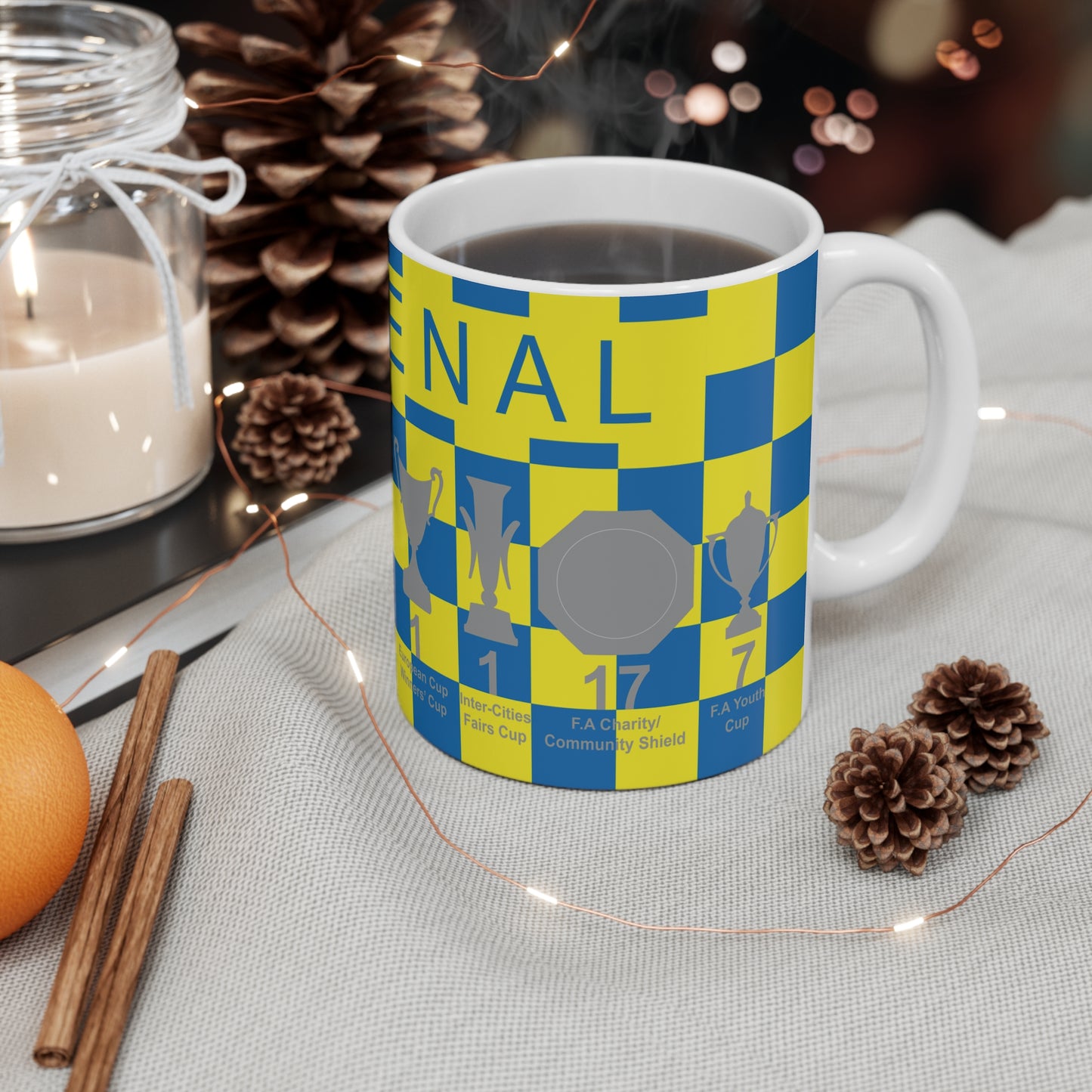 Arsenal Yellow & Blue Chequered Trophies Mug UPDATED - Blue Text